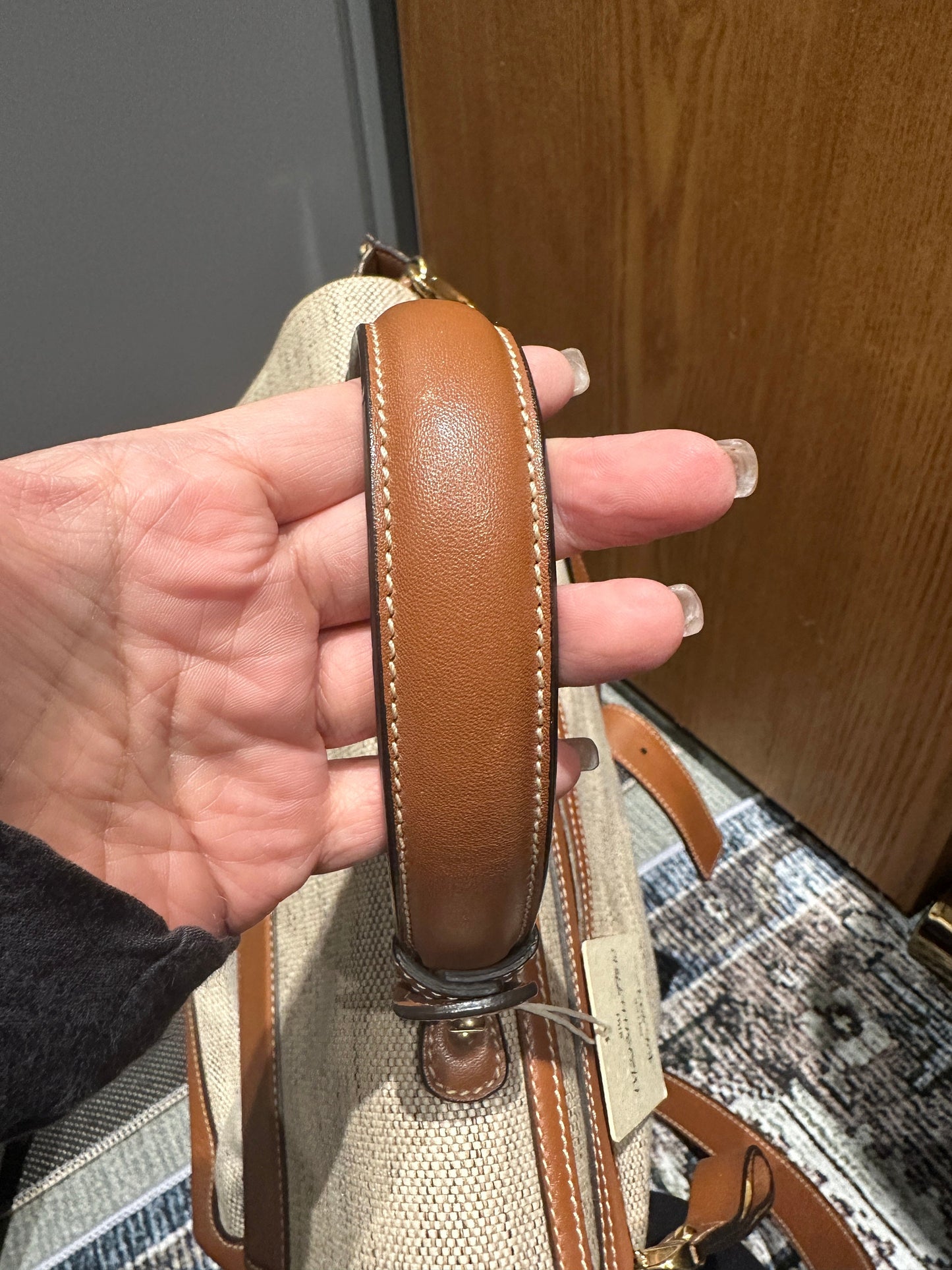 FERRAGAMO VINTAGE 100% Authentic Genuine Large Light Beige Canvas and Tan Leather Two-way Shoulder Bag, 1990's, Great Condition