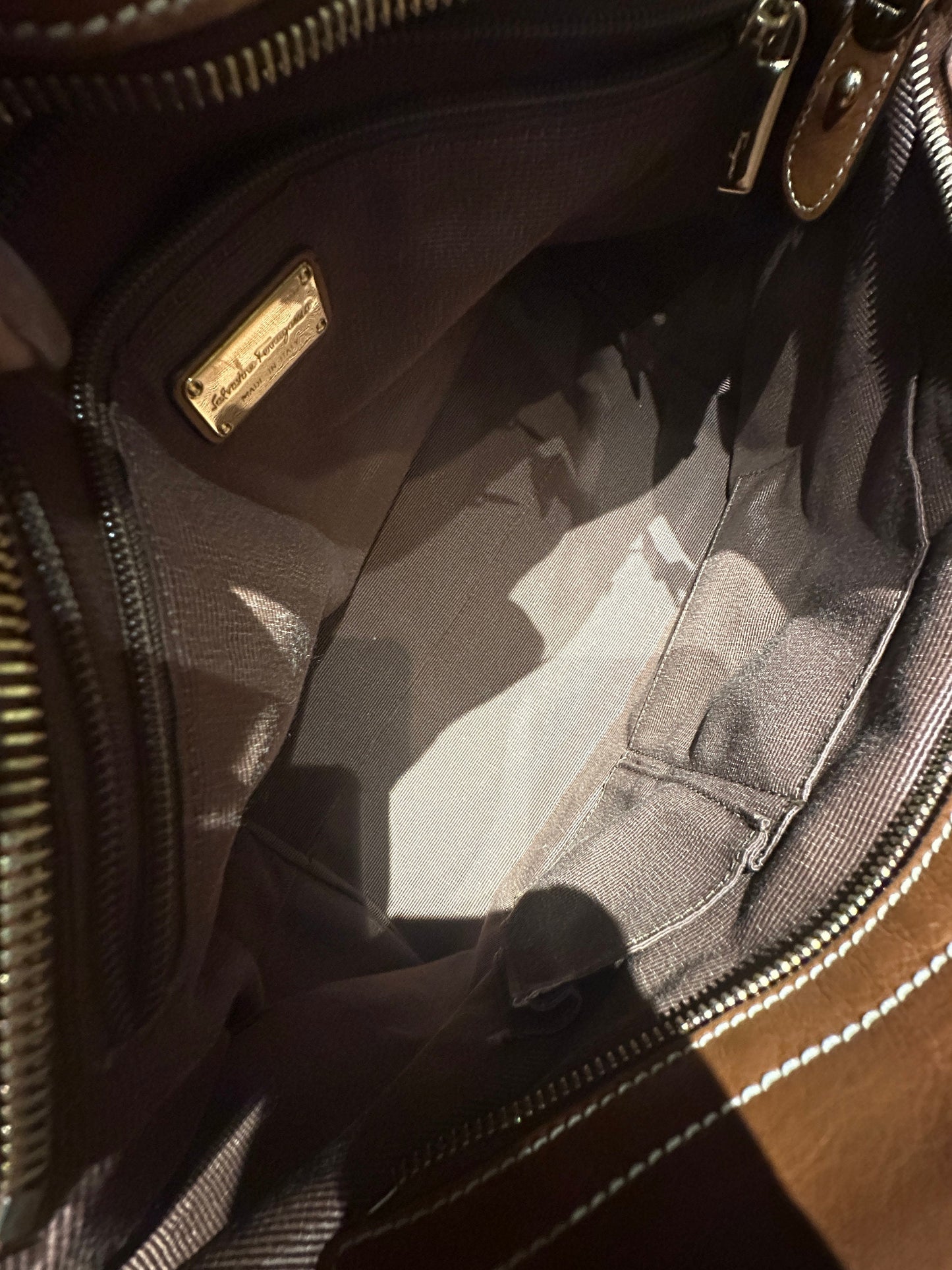 FERRAGAMO VINTAGE 100% Authentic Genuine Large Light Beige Canvas and Tan Leather Two-way Shoulder Bag, 1990's, Great Condition