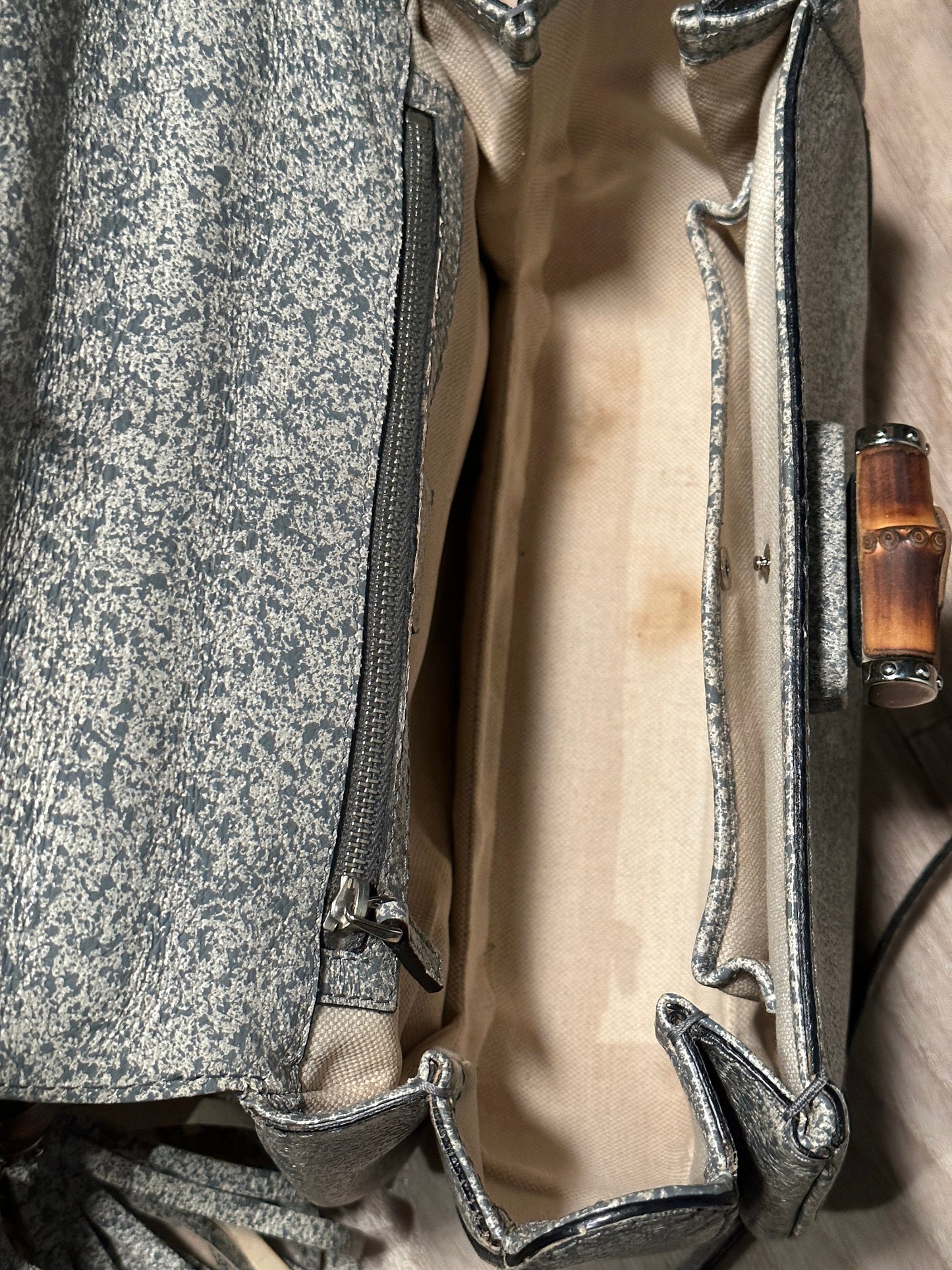 GUCCI VINTAGE 100% Authentic Genuine Iconic 1947 Bamboo Clutch, Speckle Greenish Grey, Good Condition