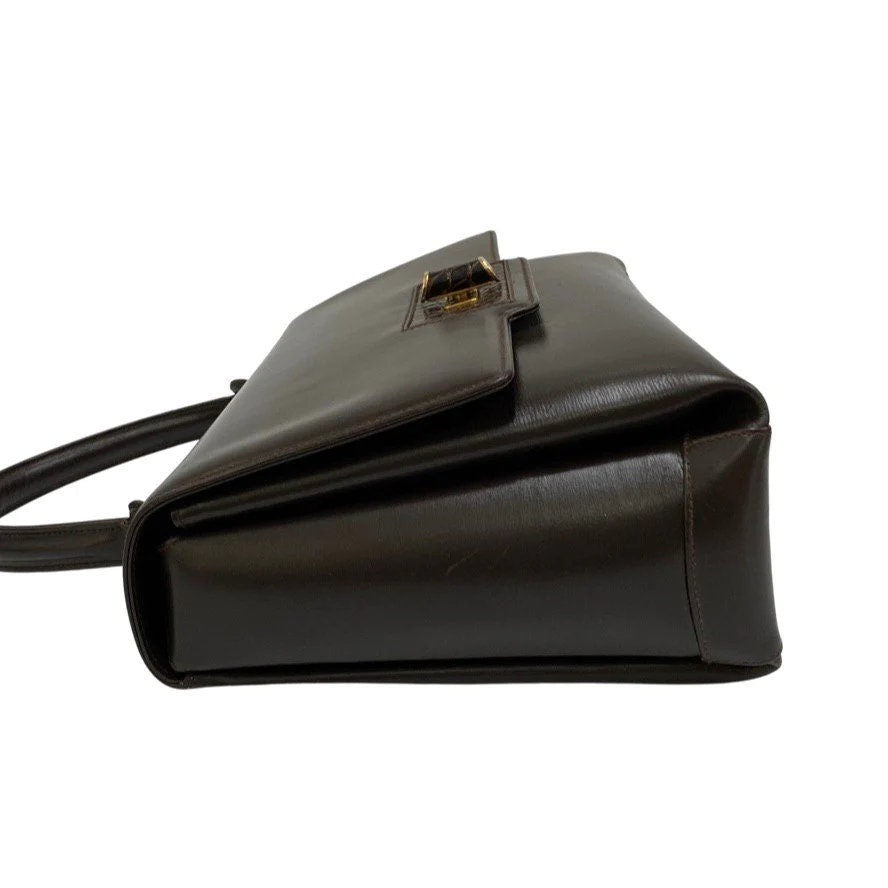 Rare GUCCI VINTAGE 100% Authentic Genuine, Top Handle Turn Lock Handbag, DarkBrown, Great Condition, Grade A