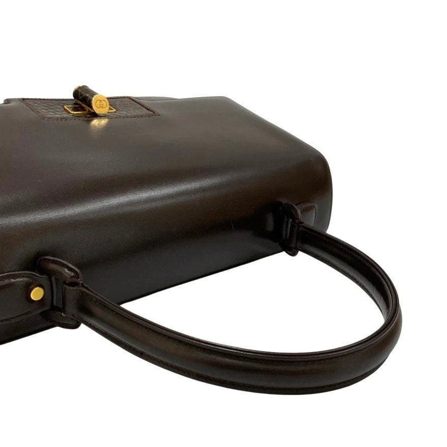 Rare GUCCI VINTAGE 100% Authentic Genuine, Top Handle Turn Lock Handbag, DarkBrown, Great Condition, Grade A