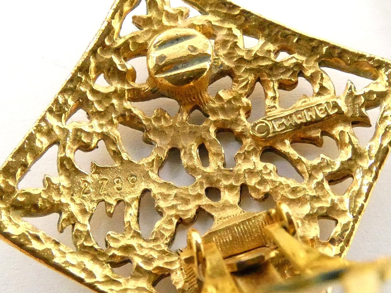 CHANEL VINTAGE 100% Authentic Genuine Hammered Clip On Logo Earrings in Gold, Square Shape, with Box, 1971-80, Made in France