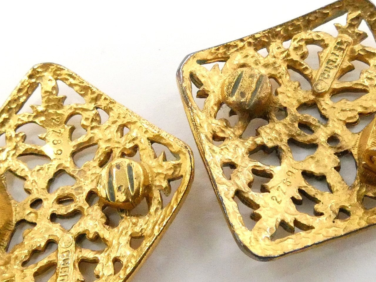 CHANEL VINTAGE 100% Authentic Genuine Hammered Clip On Logo Earrings in Gold, Square Shape, with Box, 1971-80, Made in France