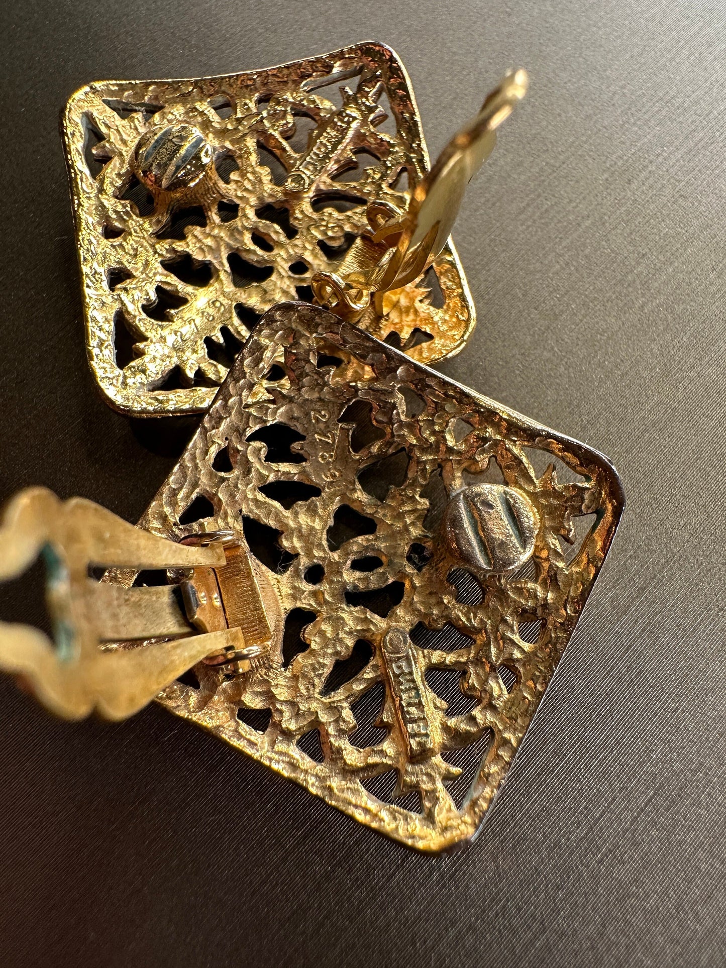 CHANEL VINTAGE 100% Authentic Genuine Hammered Clip On Logo Earrings in Gold, Square Shape, with Box, 1971-80, Made in France