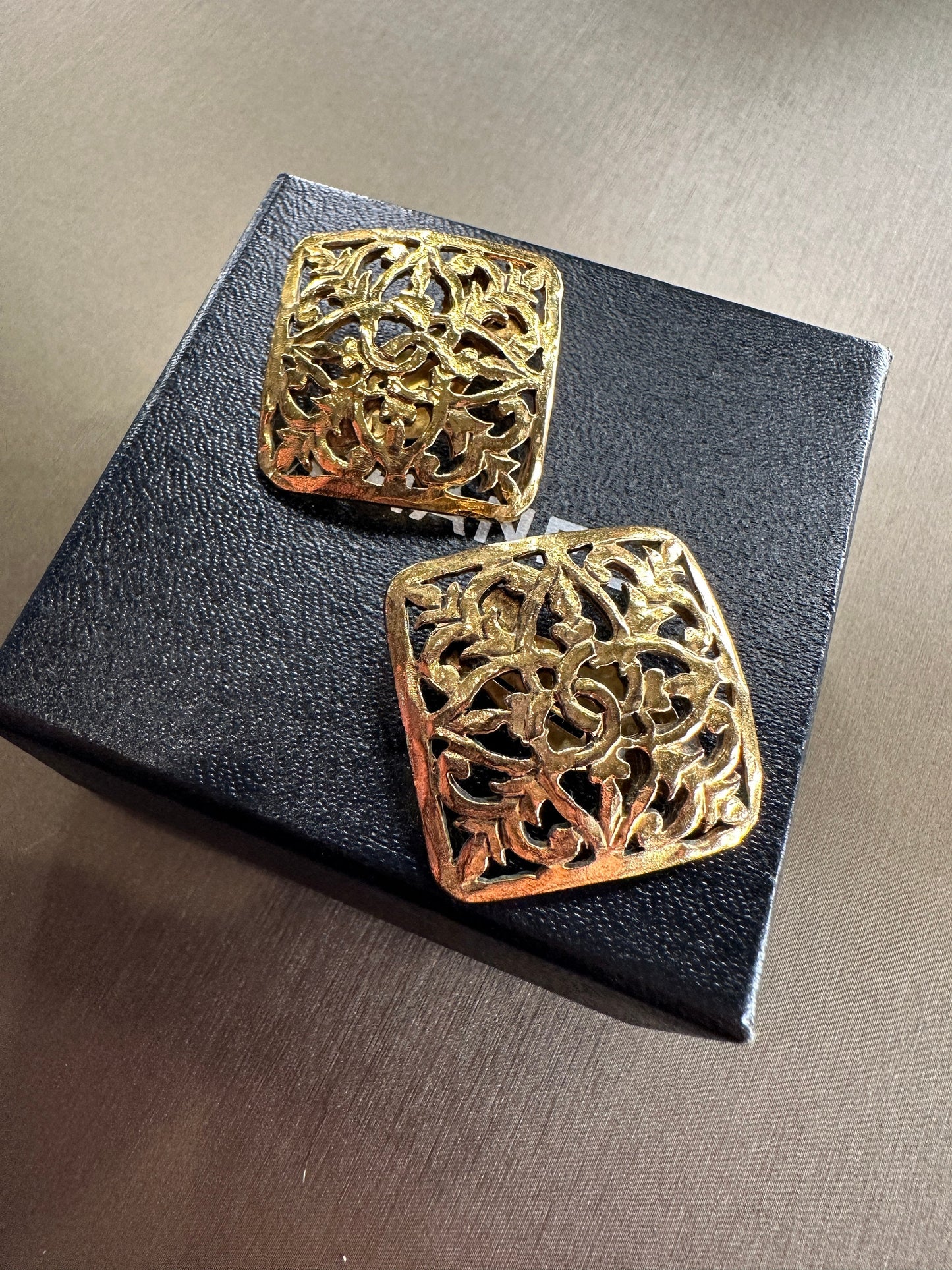 CHANEL VINTAGE 100% Authentic Genuine Hammered Clip On Logo Earrings in Gold, Square Shape, with Box, 1971-80, Made in France