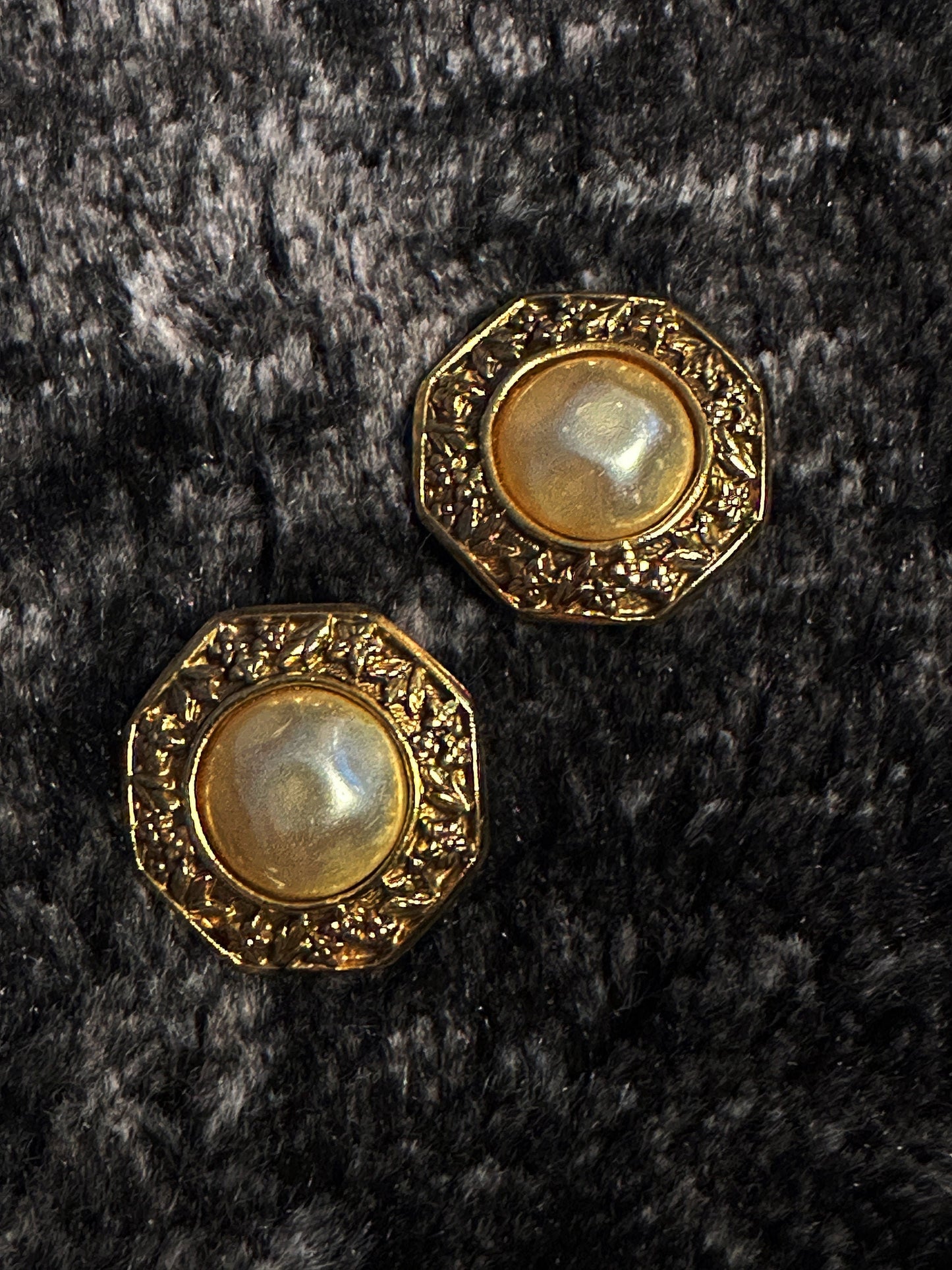 CHANEL VINTAGE 100% Genuine, Faux Pearl Clip On Logo Earrings in Gold, 1990's, Made In France