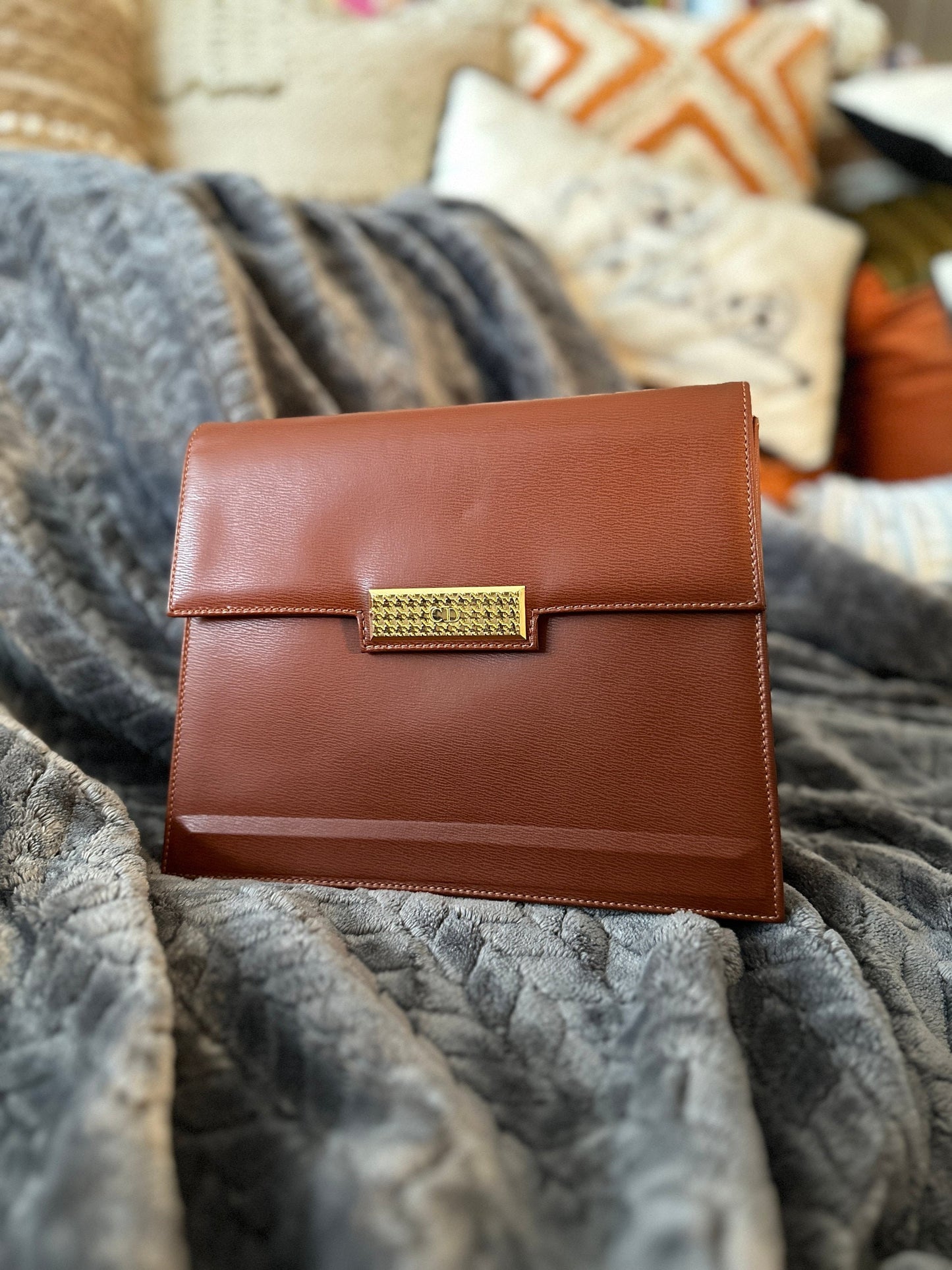 Christian DIOR VINTAGE 100% Genuine, Leather Two Way Hand Bag / Clutch, Caramel Brown, 1980's, Grade AB