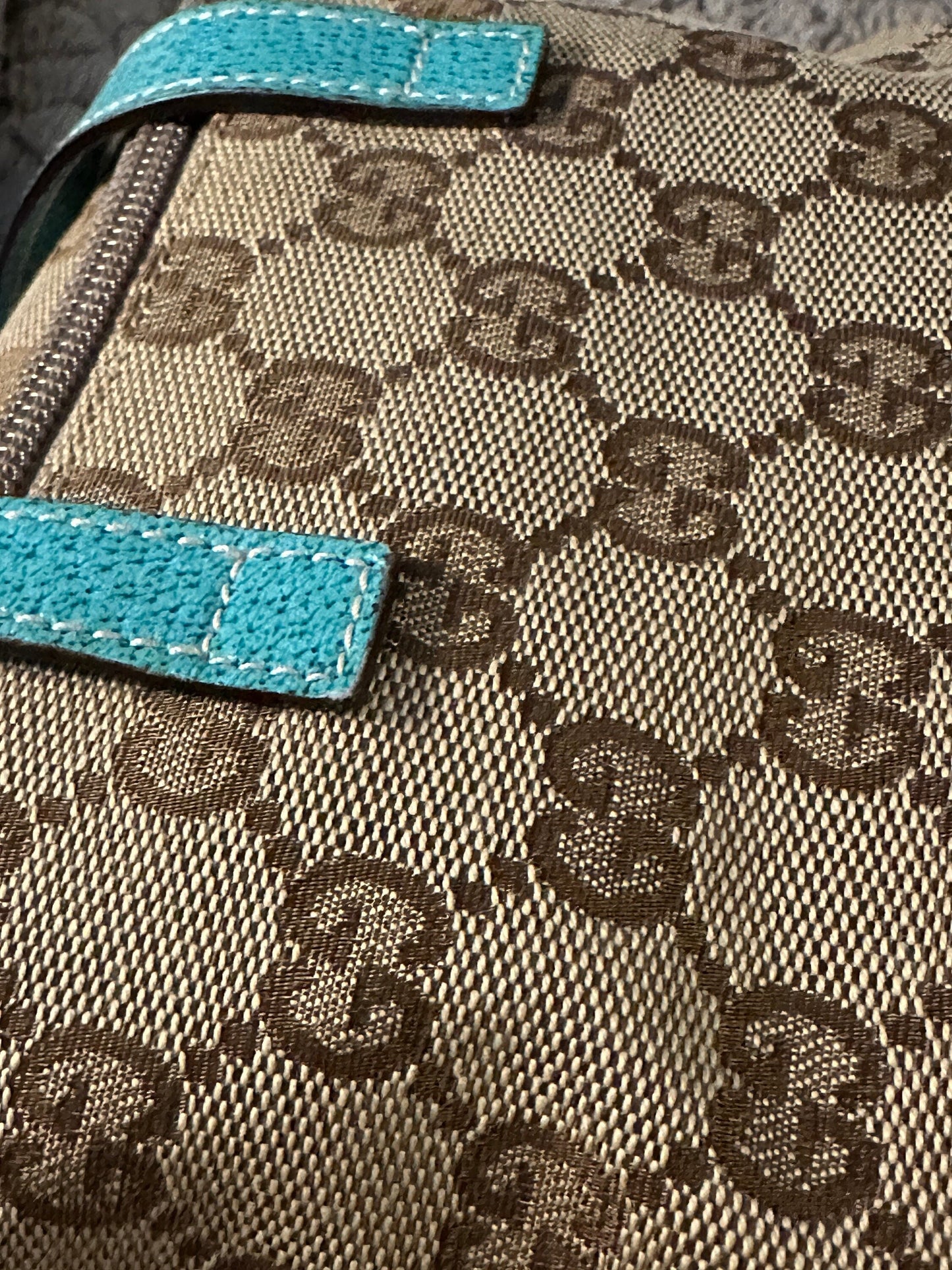 GUCCI VINTAGE 100% Genuine Canvas Monogram Box Shape Vanity Hand Bag, Light Teal, late 90's, Great Condition, Grade B