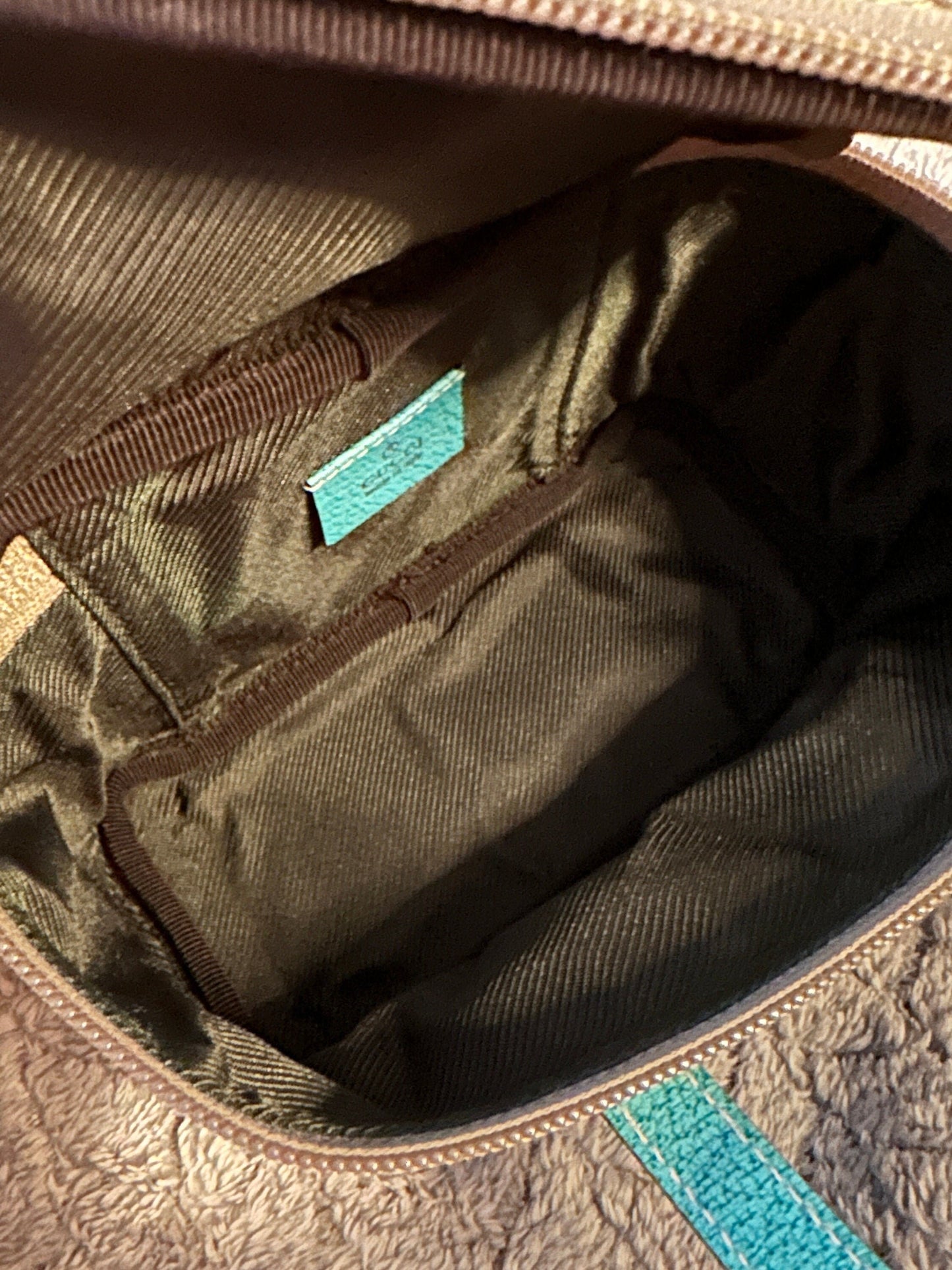 GUCCI VINTAGE 100% Genuine Canvas Monogram Box Shape Vanity Hand Bag, Light Teal, late 90's, Great Condition, Grade B