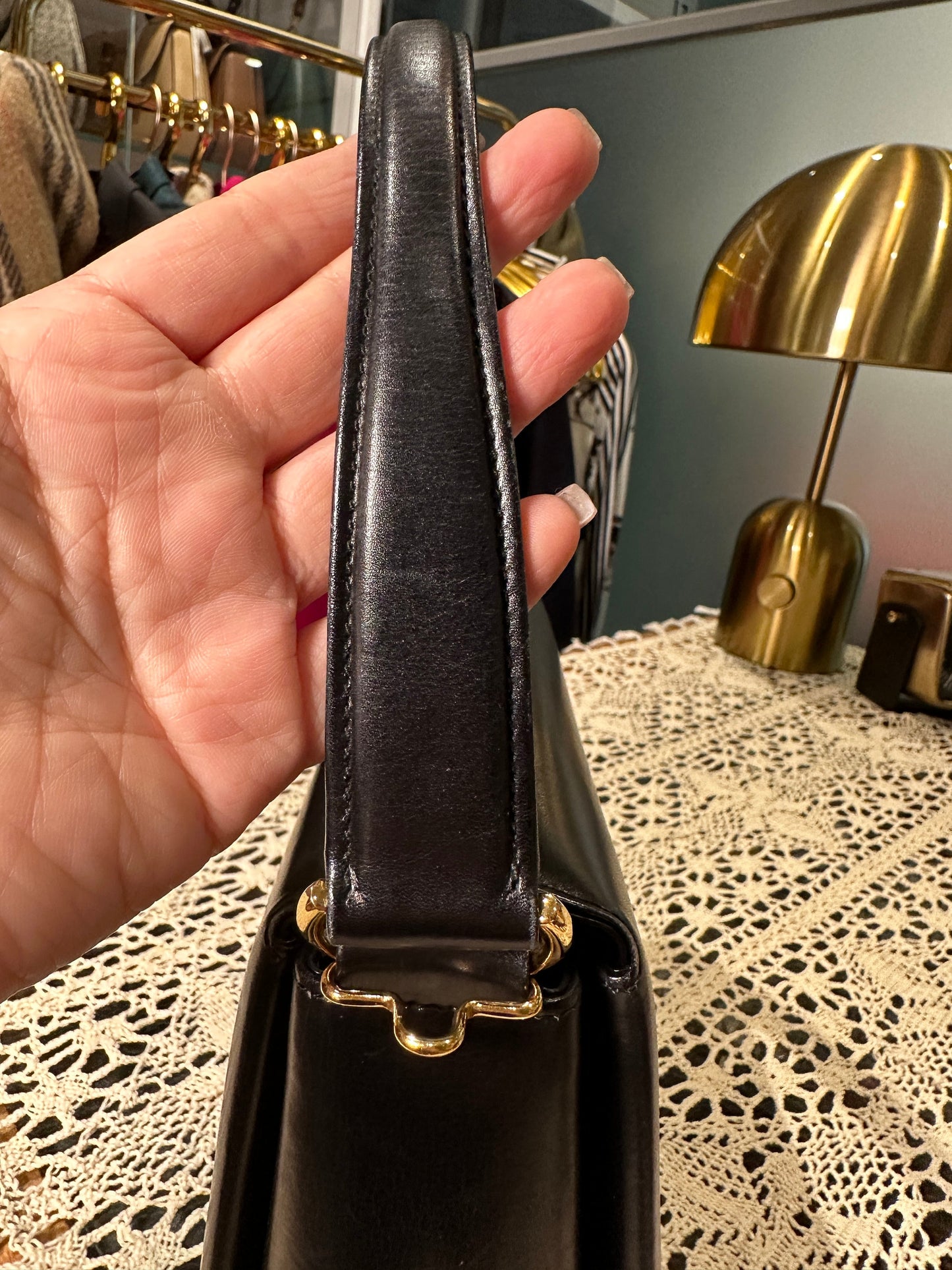 GUCCI VINTAGE 100% Authentic Genuine Leather Bamboo Turn Lock Two-way Shoulder Bag, Black, 1990's, Great Condition, Grade AB