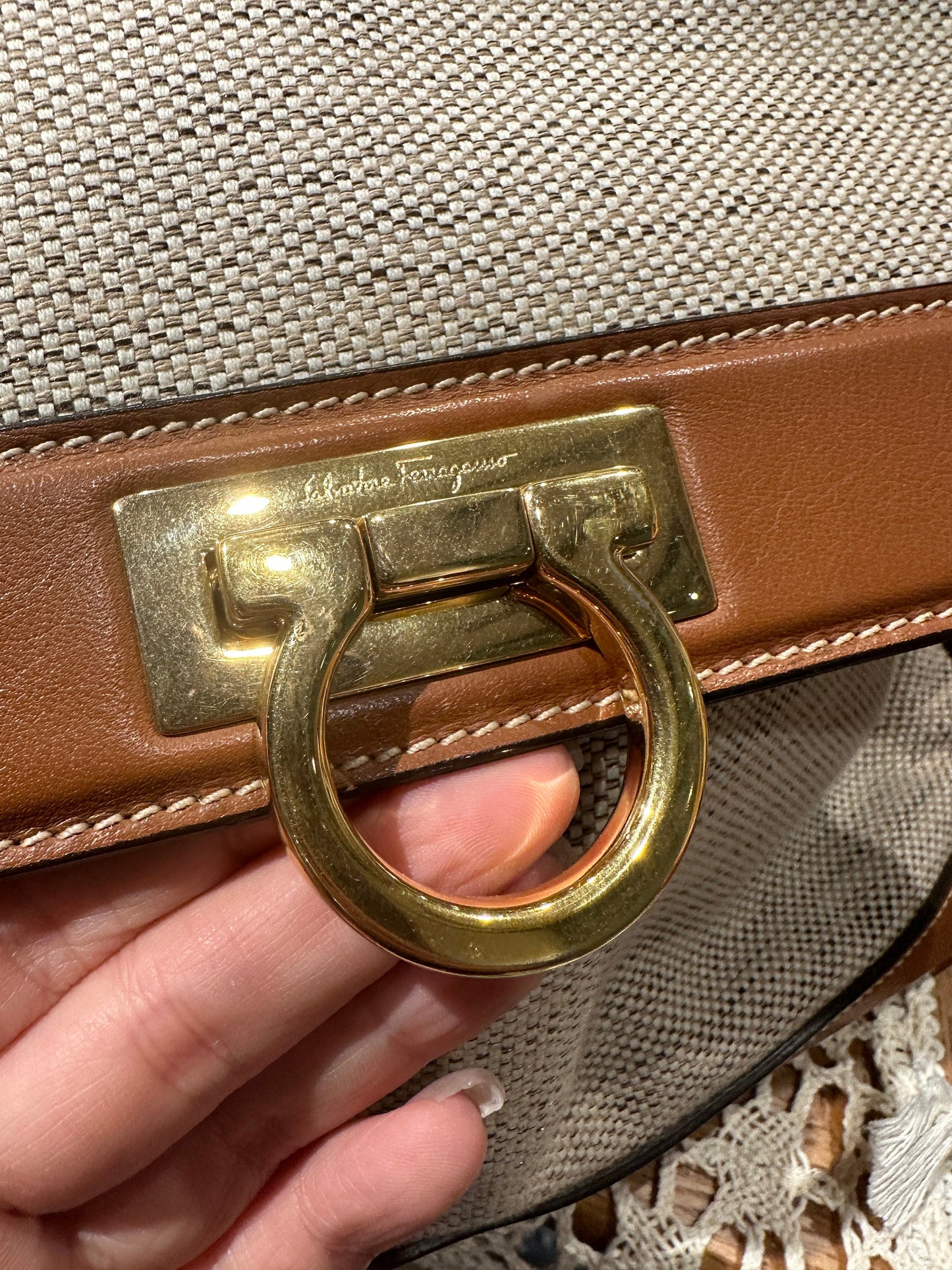 FERRAGAMO VINTAGE 100% Authentic Genuine Large Light Beige Canvas and Tan Leather Two-way Shoulder Bag, 1990's, Great Condition