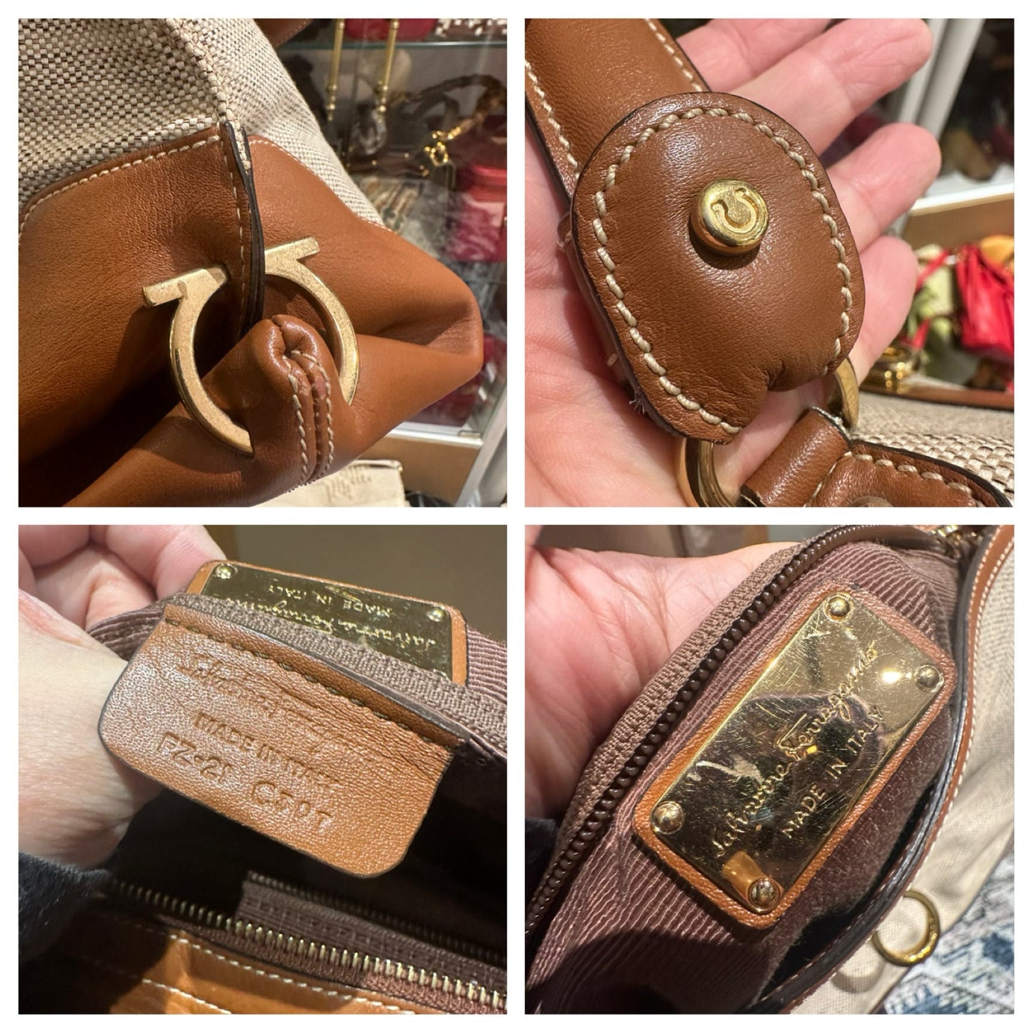 FERRAGAMO VINTAGE 100% Authentic Genuine Large Light Beige Canvas and Tan Leather Two-way Shoulder Bag, 1990's, Great Condition