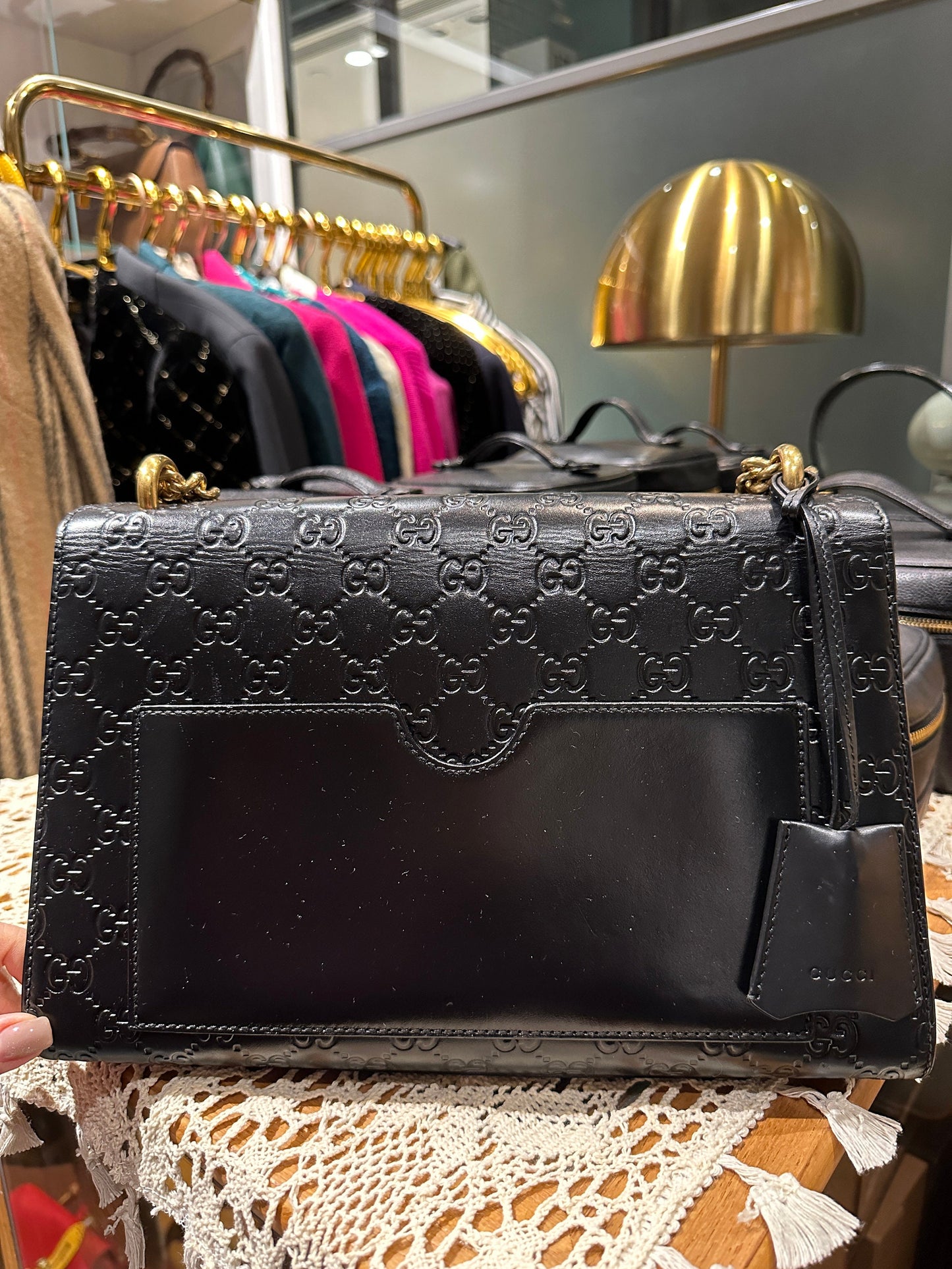 GUCCI VINTAGE 100% Authentic Genuine GG Logo Monogram Leather Lady Lock Two-way Shoulder Bag, Black, Great Condition
