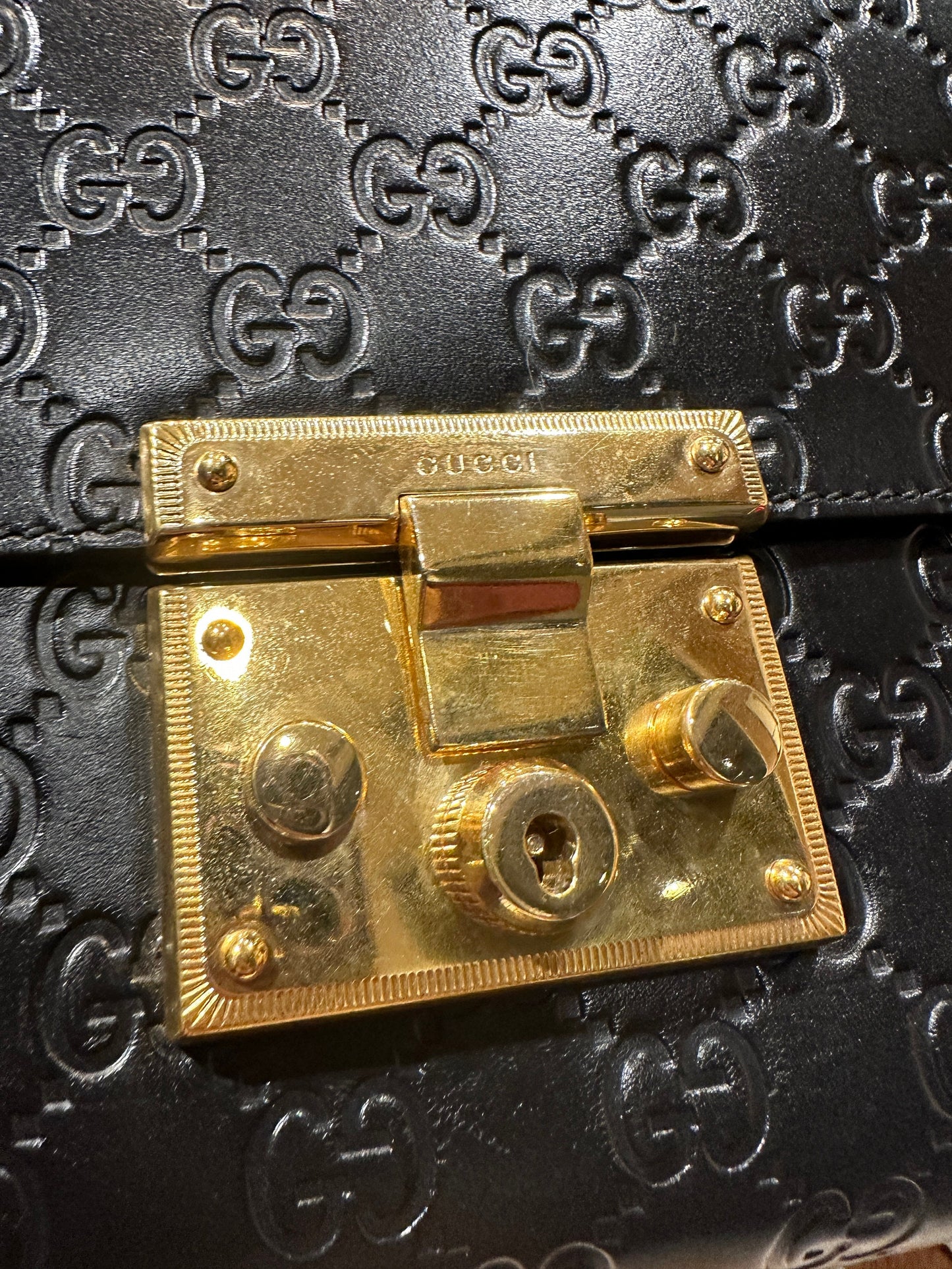 GUCCI VINTAGE 100% Authentic Genuine GG Logo Monogram Leather Lady Lock Two-way Shoulder Bag, Black, Great Condition