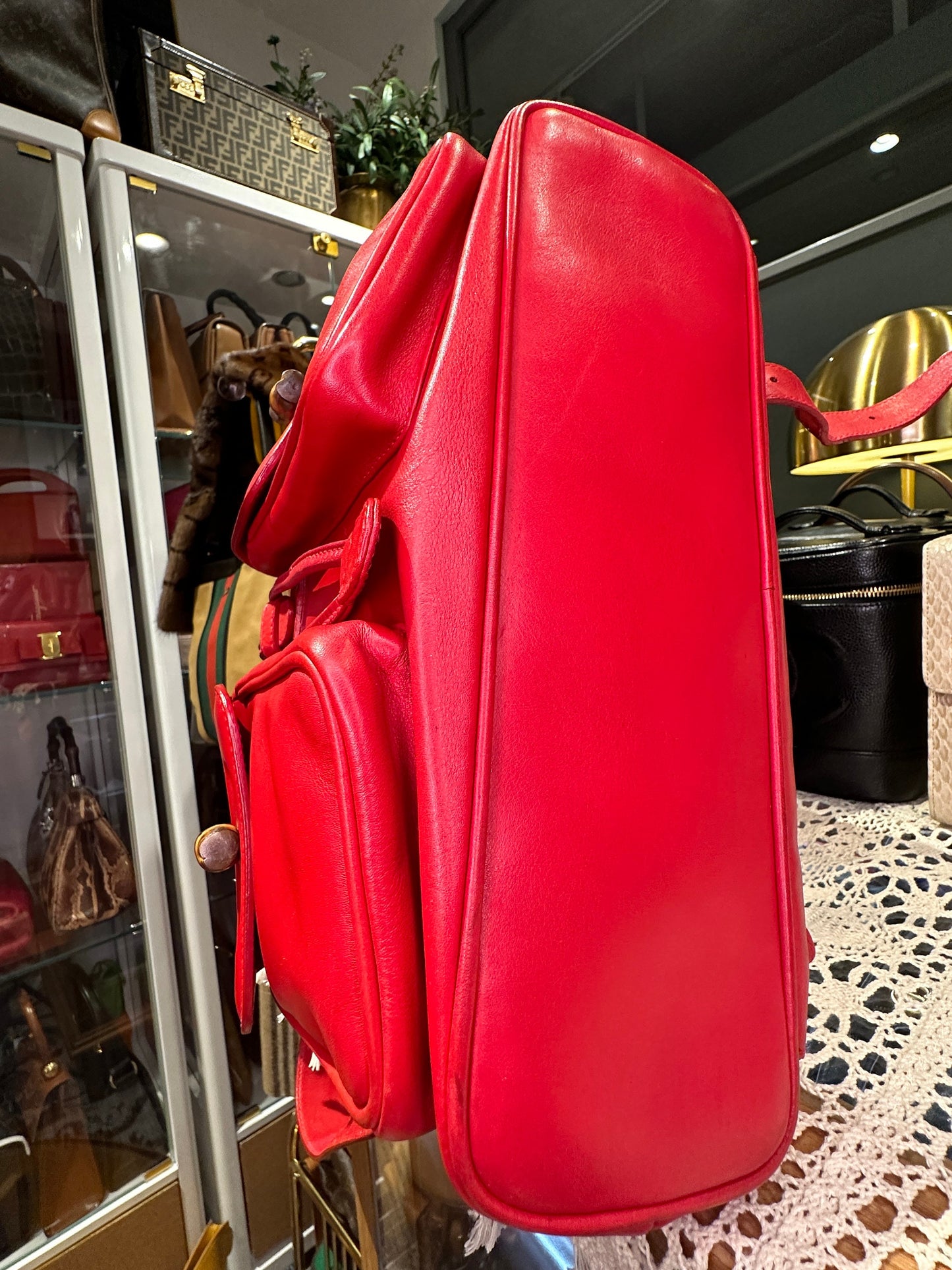 GUCCI VINTAGE 100% Authentic Genuine Leather Iconic Bamboo Handle Backpack, Red, 2000's, Good Condition