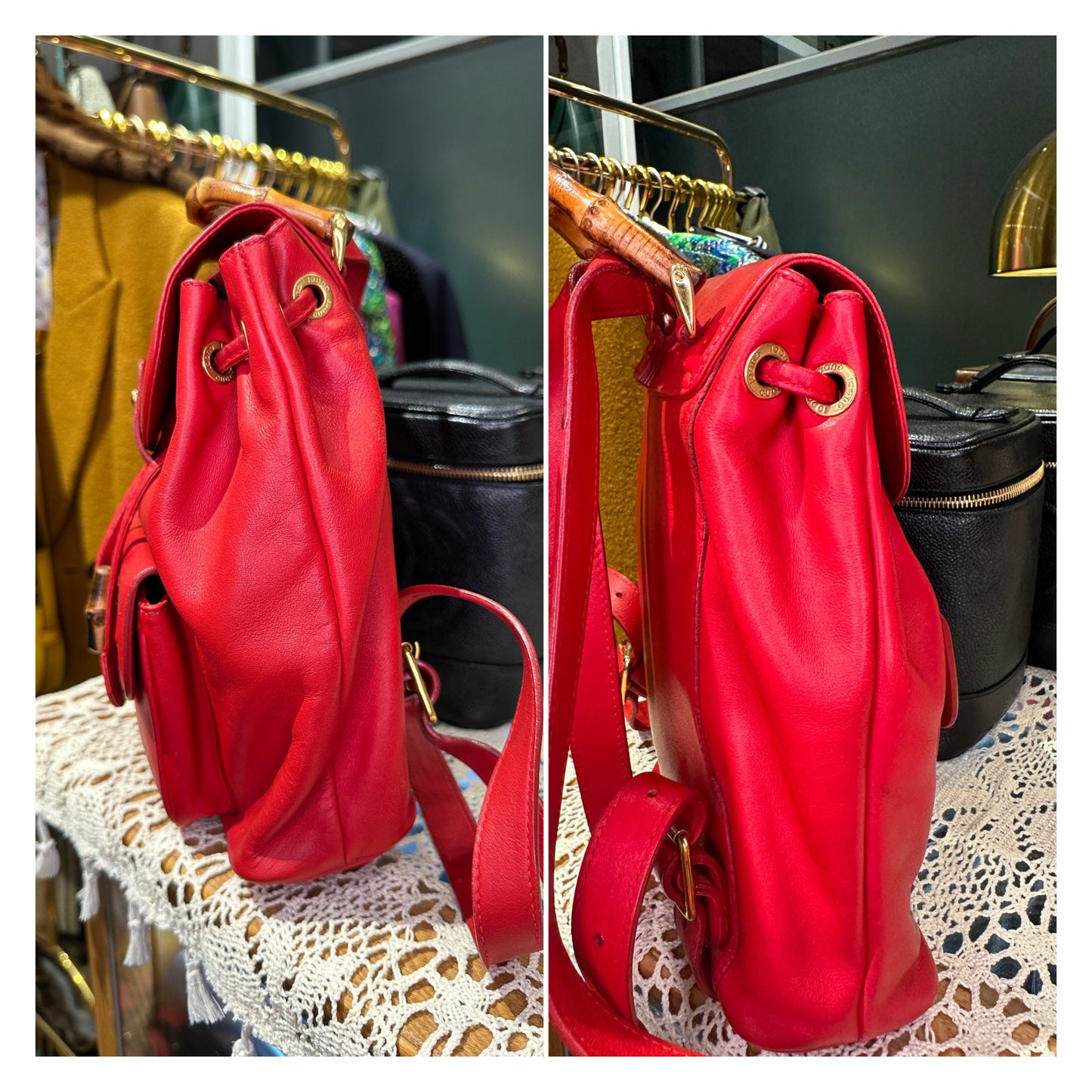 GUCCI VINTAGE 100% Authentic Genuine Leather Iconic Bamboo Handle Backpack, Medium Size, Red, 2000's, Good Condition