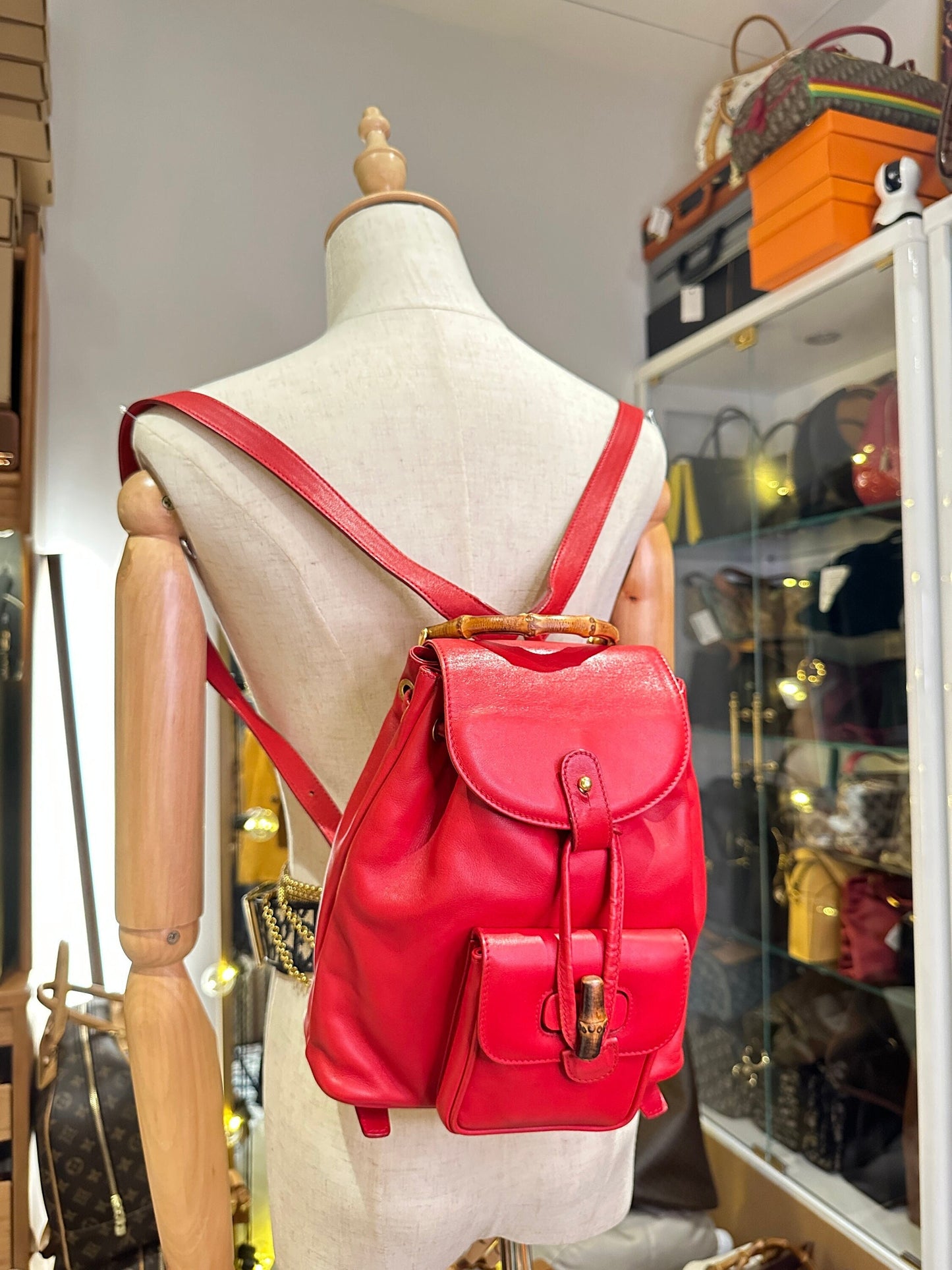 GUCCI VINTAGE 100% Authentic Genuine Leather Iconic Bamboo Handle Backpack, Medium Size, Red, 2000's, Good Condition