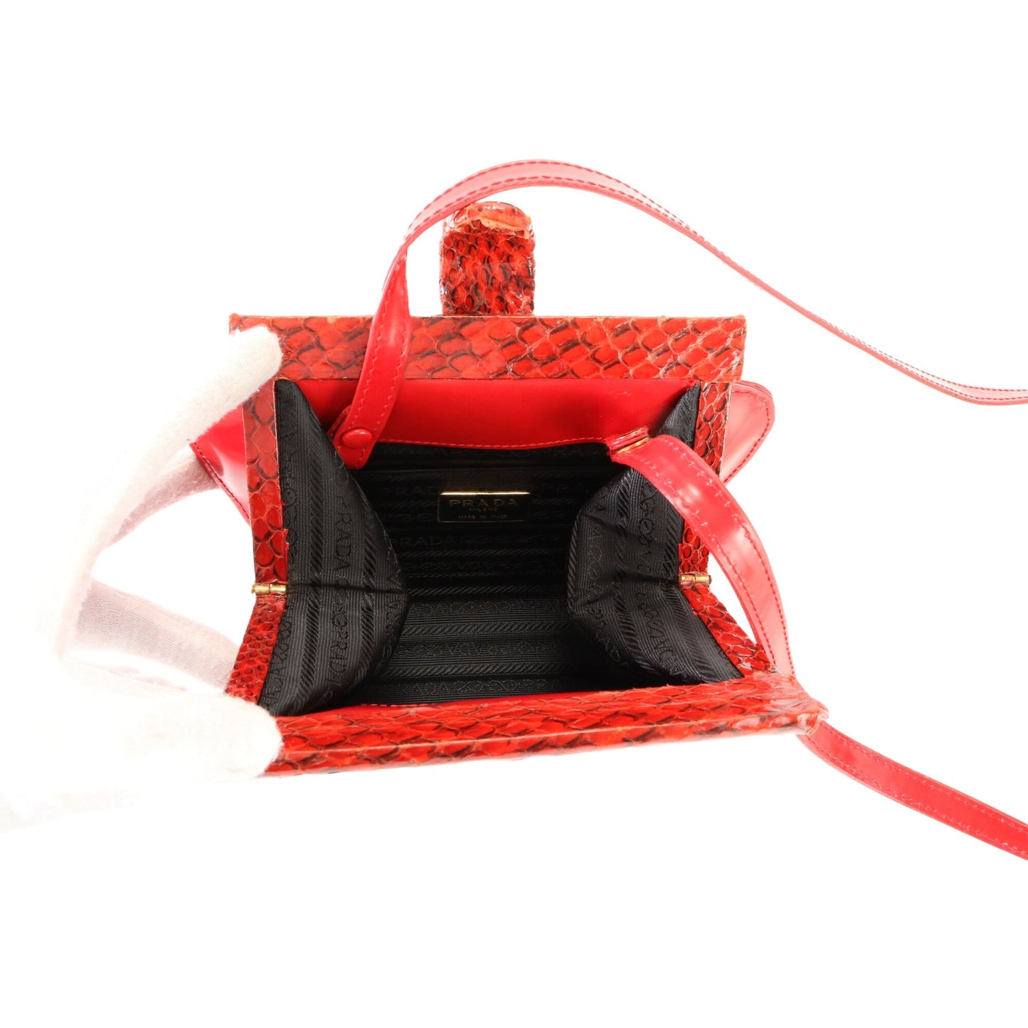 PRADA VINTAGE 100% Authentic Genuine, Waxy Leather Bag with Python Accent, Red, 1990's, Great Condition, Rare, Grade AB