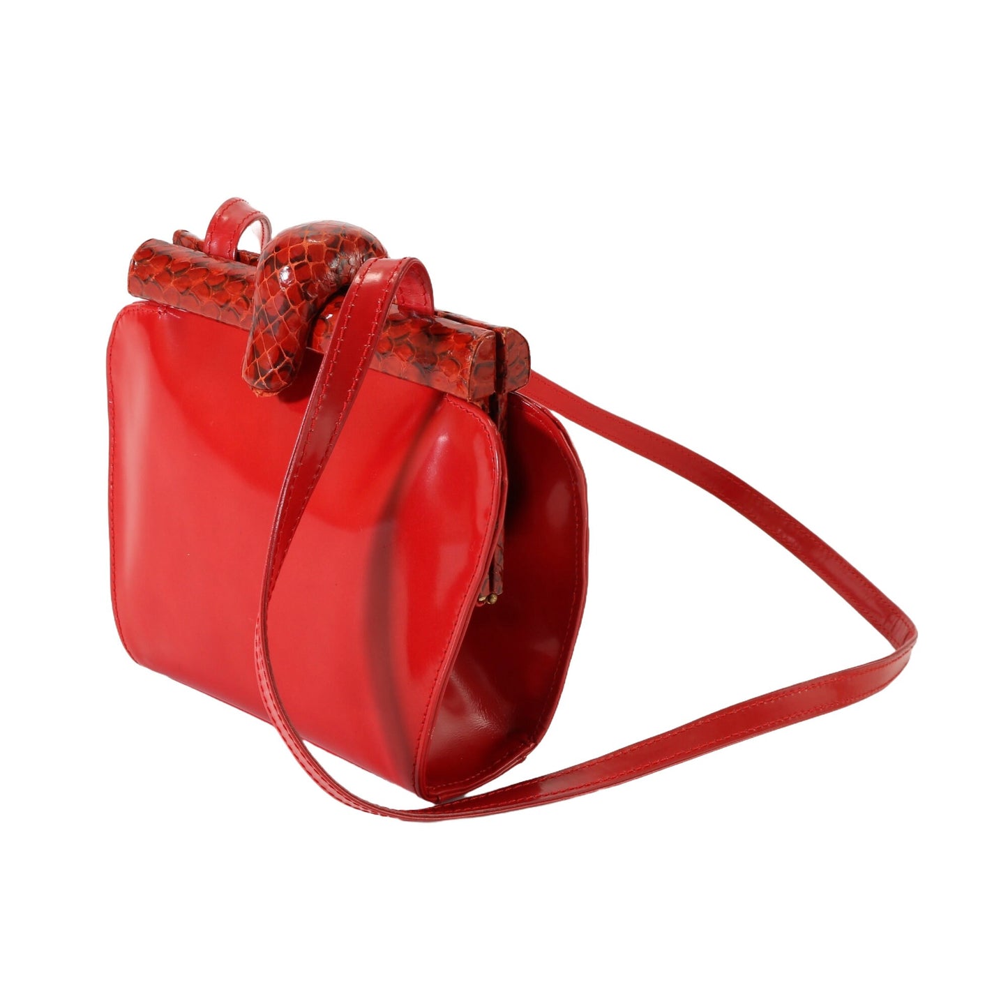 PRADA VINTAGE 100% Authentic Genuine, Waxy Leather Bag with Python Accent, Red, 1990's, Great Condition, Rare, Grade AB