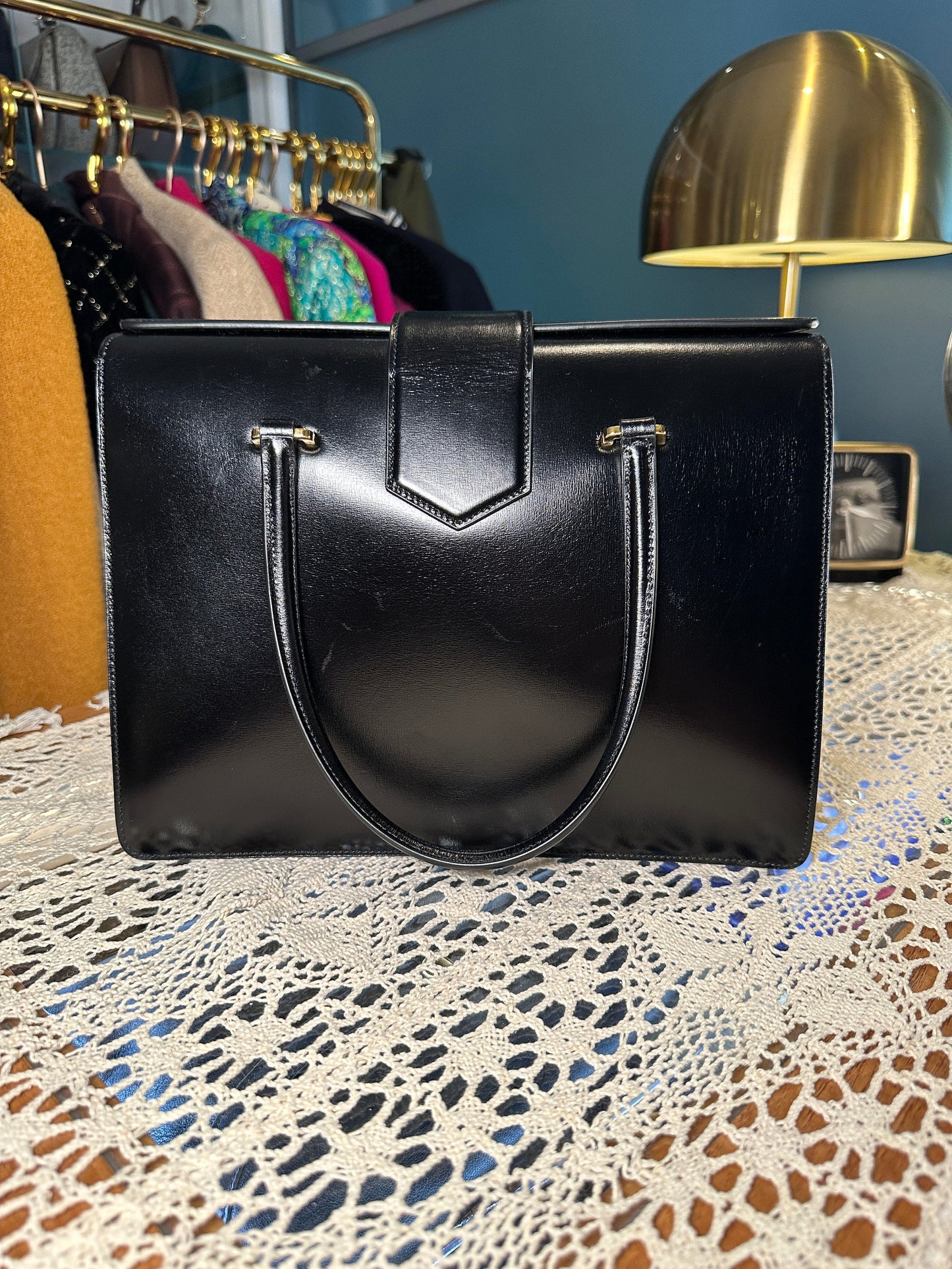 PRADA VINTAGE 100% Authentic Genuine, Top Handle Turn Lock Handbag w/ Original Dust Bag, Black + Yellow, 1990's, Great Condition