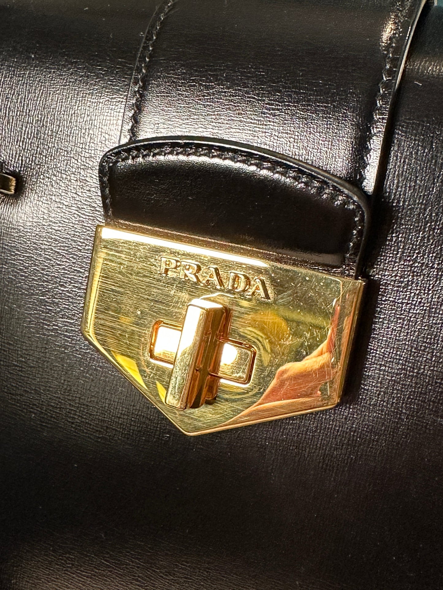 PRADA VINTAGE 100% Authentic Genuine, Top Handle Turn Lock Handbag w/ Original Dust Bag, Black + Yellow, 1990's, Great Condition