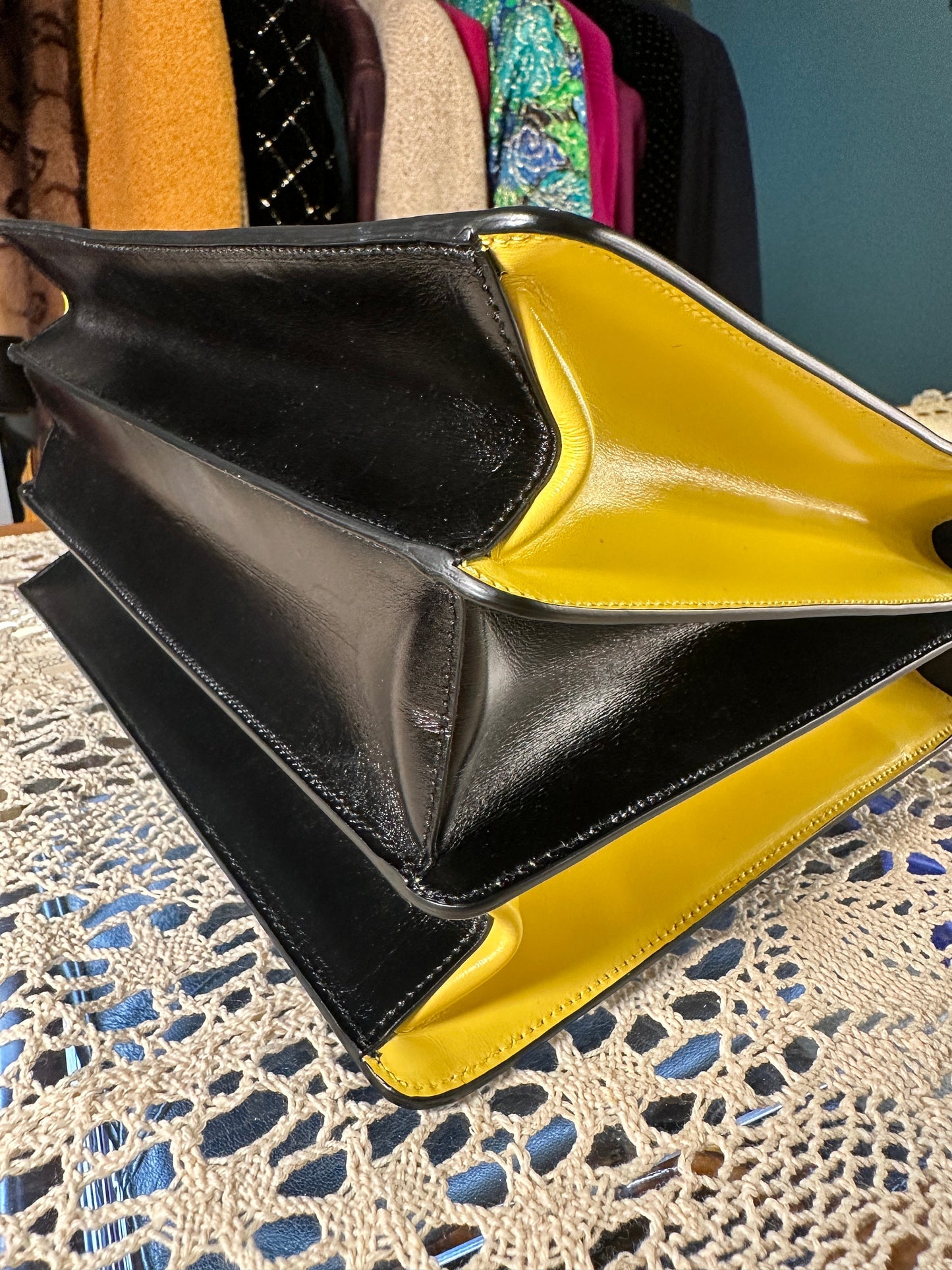 PRADA VINTAGE 100% Authentic Genuine, Top Handle Turn Lock Handbag w/ Original Dust Bag, Black + Yellow, 1990's, Great Condition
