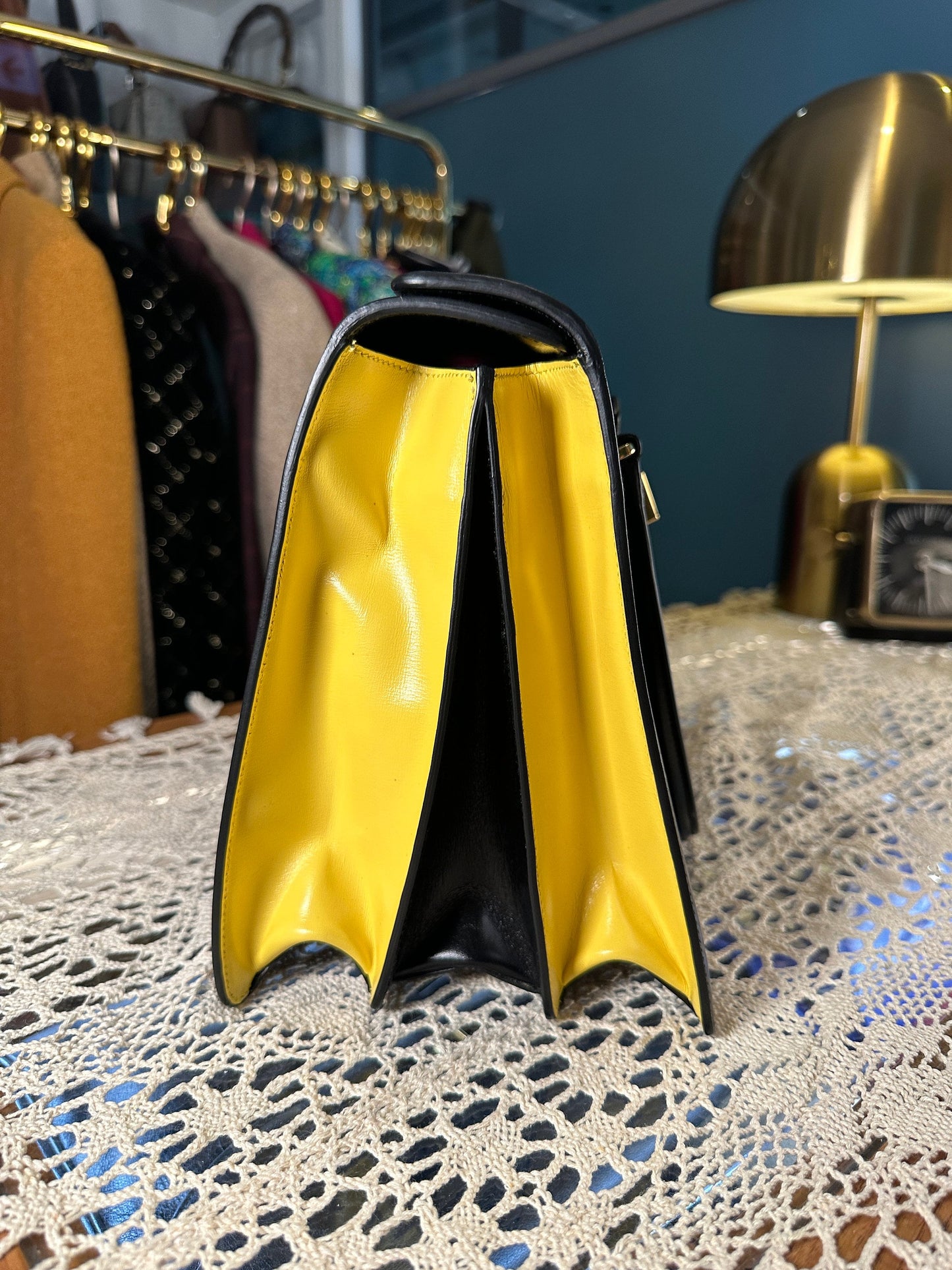 PRADA VINTAGE 100% Authentic Genuine, Top Handle Turn Lock Handbag w/ Original Dust Bag, Black + Yellow, 1990's, Great Condition