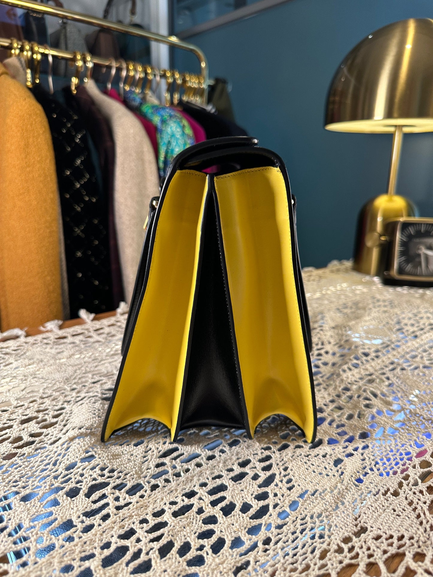 PRADA VINTAGE 100% Authentic Genuine, Top Handle Turn Lock Handbag w/ Original Dust Bag, Black + Yellow, 1990's, Great Condition