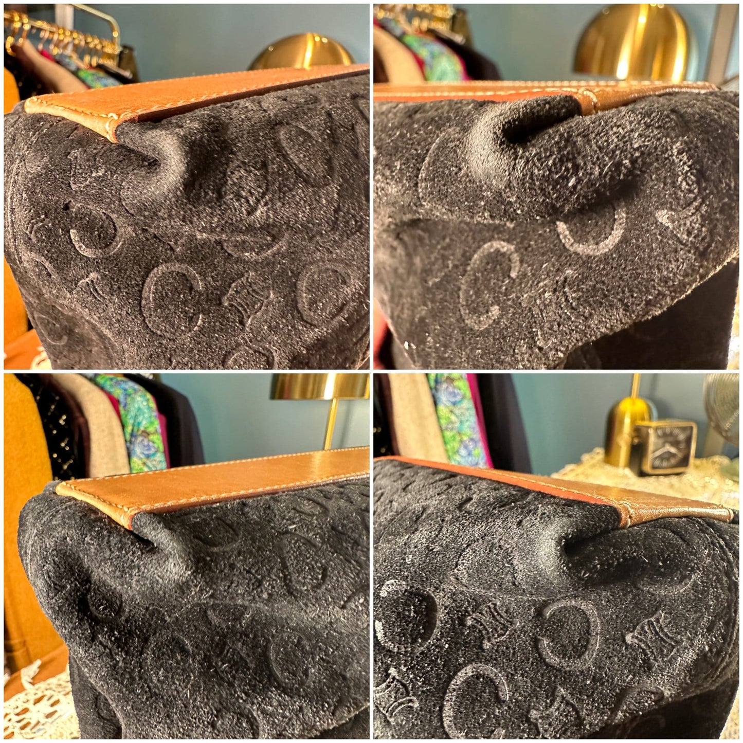 CELINE VINTAGE 100% Authentic Genuine, Double Handle Monogram Handbag, Black Suede, 1990's, Great Condition