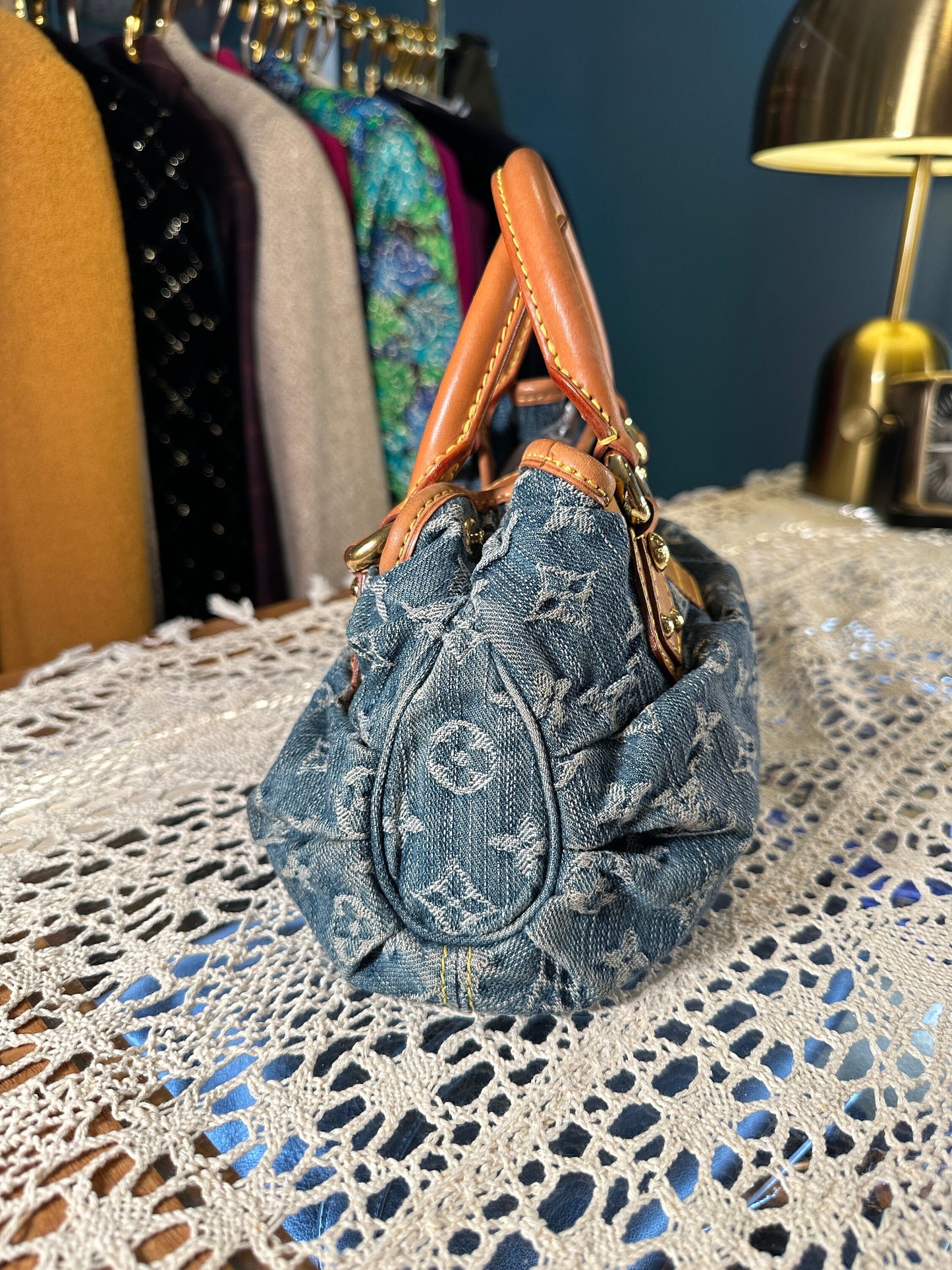LOUIS VUITTON VINTAGE 100% Authentic Genuine, Double Handle Monogram Denim Handbag, Black Suede, 1990's, Great Condition