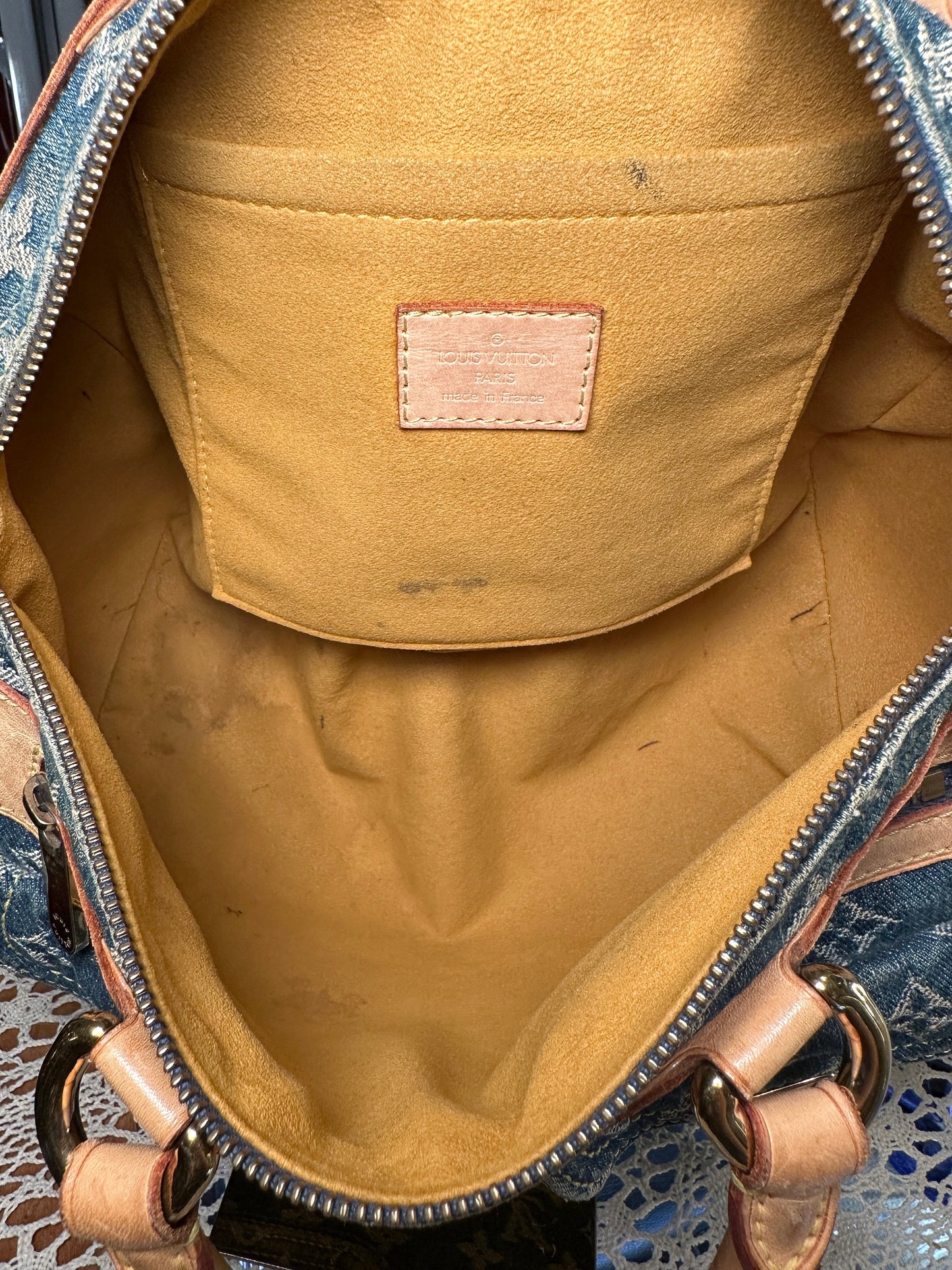 LOUIS VUITTON VINTAGE 100% Authentic Genuine, Double Handle Monogram Denim Handbag, Black Suede, 1990's, Great Condition