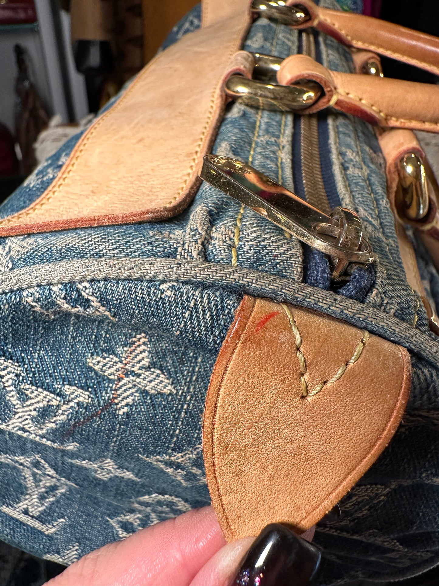 LOUIS VUITTON VINTAGE 100% Authentic Genuine, Double Handle Monogram Denim Handbag, Black Suede, 1990's, Great Condition