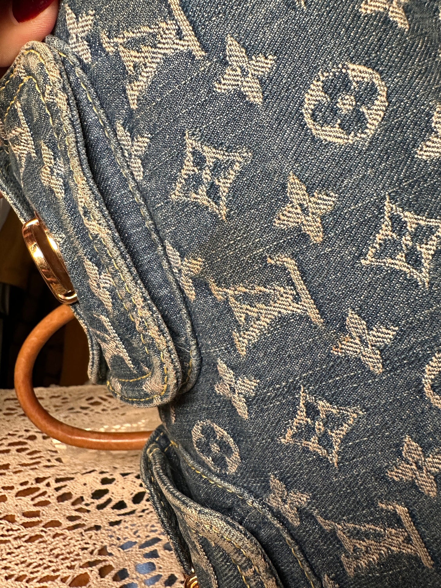 LOUIS VUITTON VINTAGE 100% Authentic Genuine, Double Handle Monogram Denim Handbag, Black Suede, 1990's, Great Condition