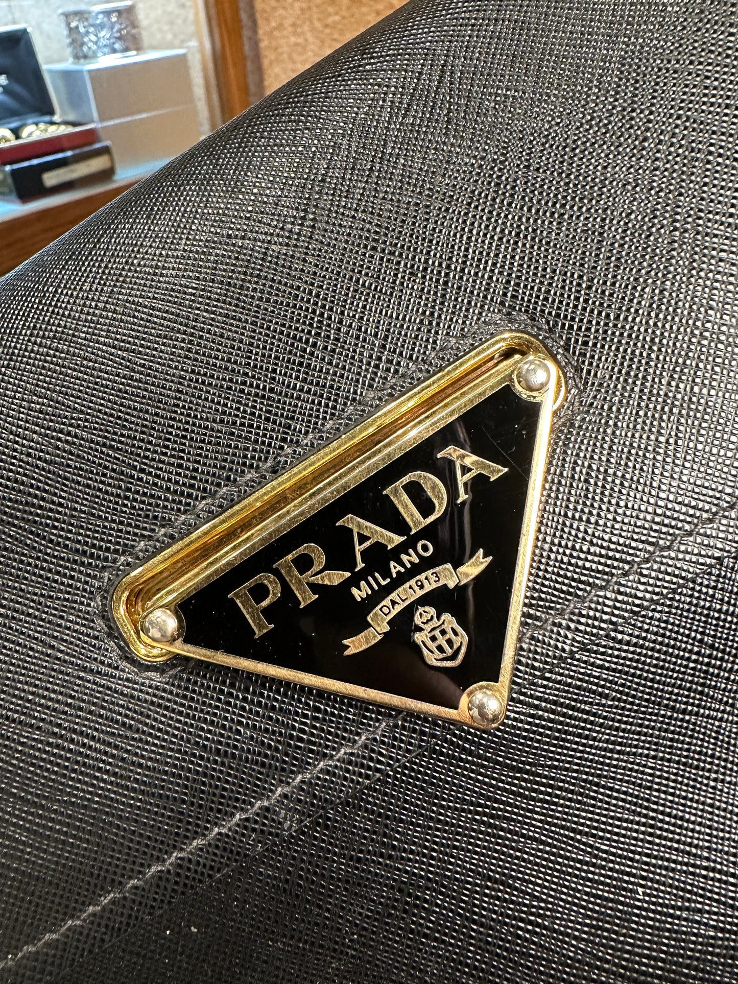 PRADA VINTAGE 100% Authentic Genuine, Top Handle Logo Plaque Handbag, Black with Gold Hardware, 2000, Y2K, Red, Great Condition, Grade Ab