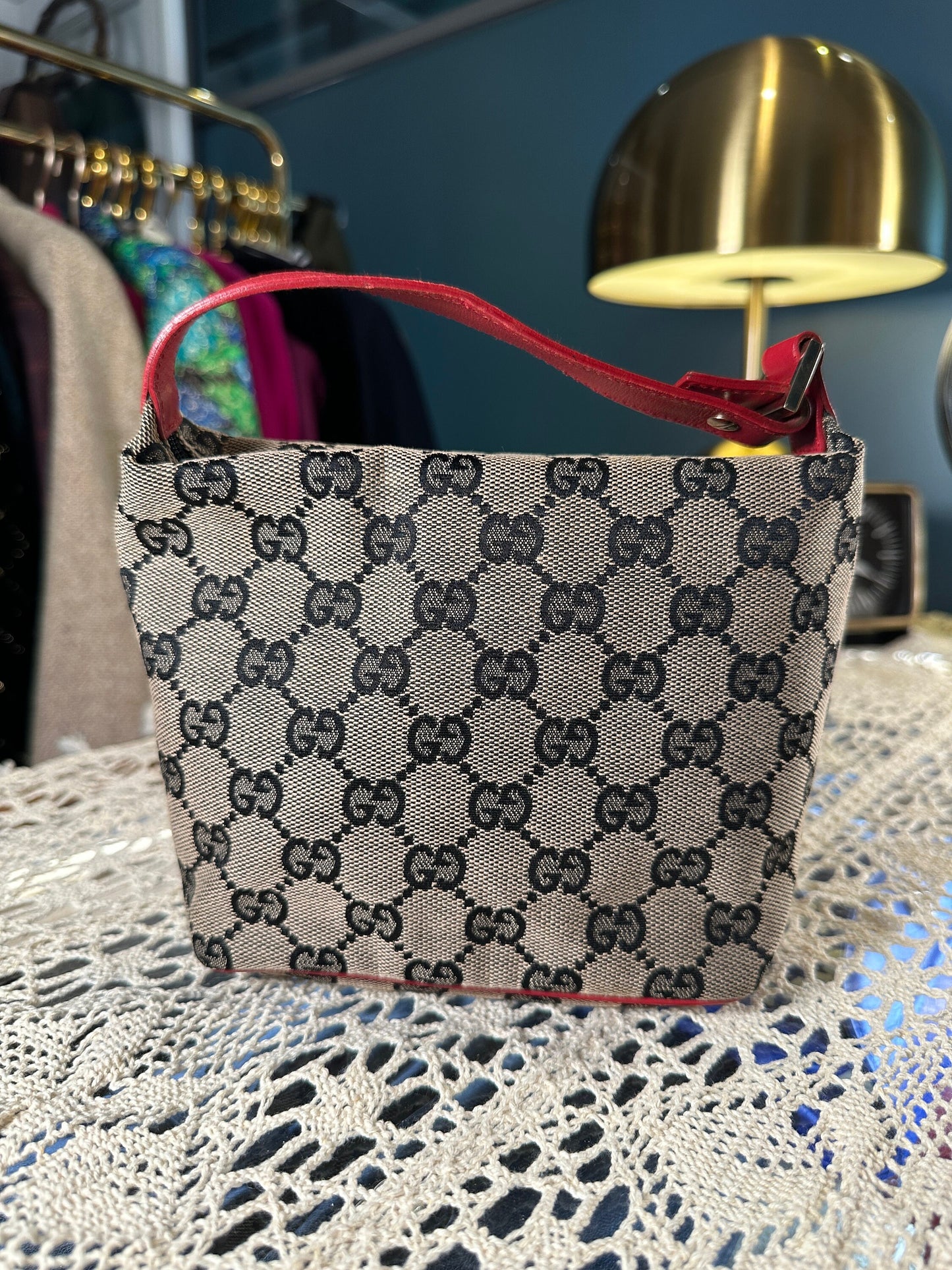 GUCCI VINTAGE 100% Authentic Genuine, Canvas Monogram Handbag with Red Leather Trim, 1990's, Good Condition
