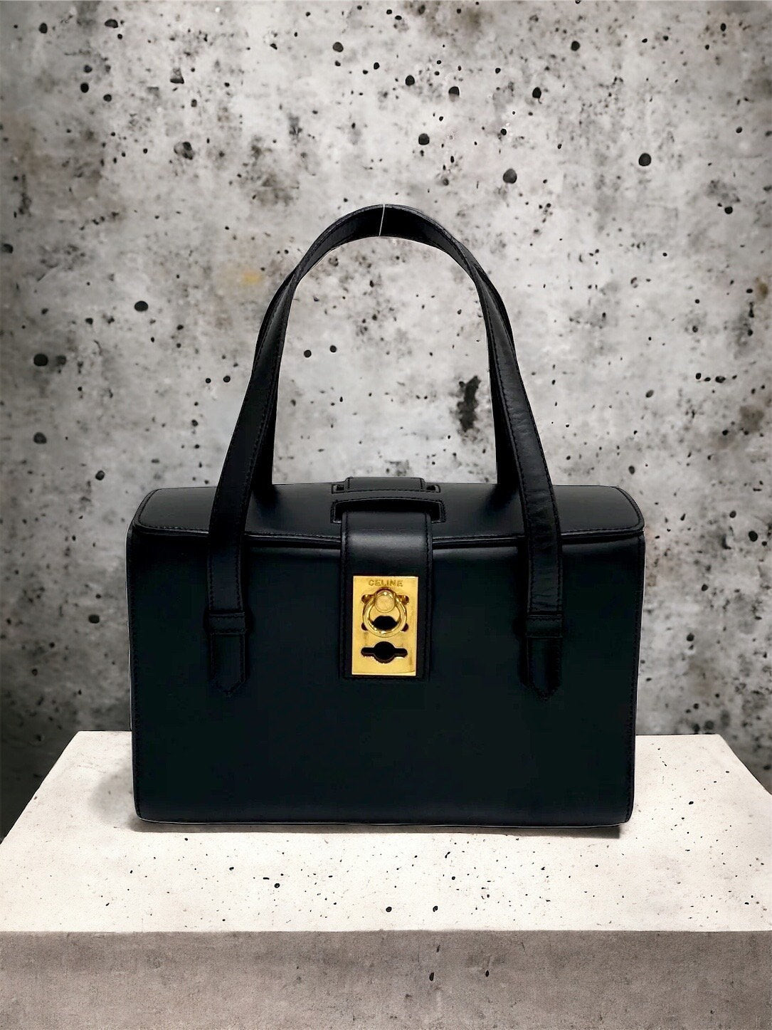 CELINE VINTAGE 100% Authentic Genuine, Vanity Case Style Handbag, Black with Contrast Red Leather Inner Lining, Late 1990's, Great Condition