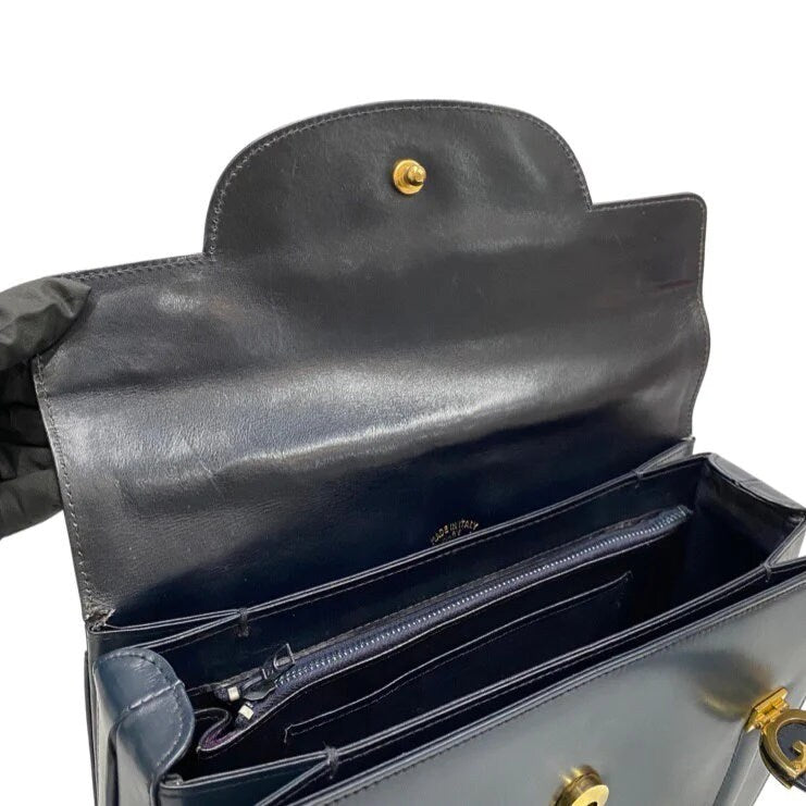 GUCCI VINTAGE 100% Authentic Genuine, DoubleTop Handle "G" Logos Handbag, Dark Blue, Late 1980's - Early 1990's, Great Condition
