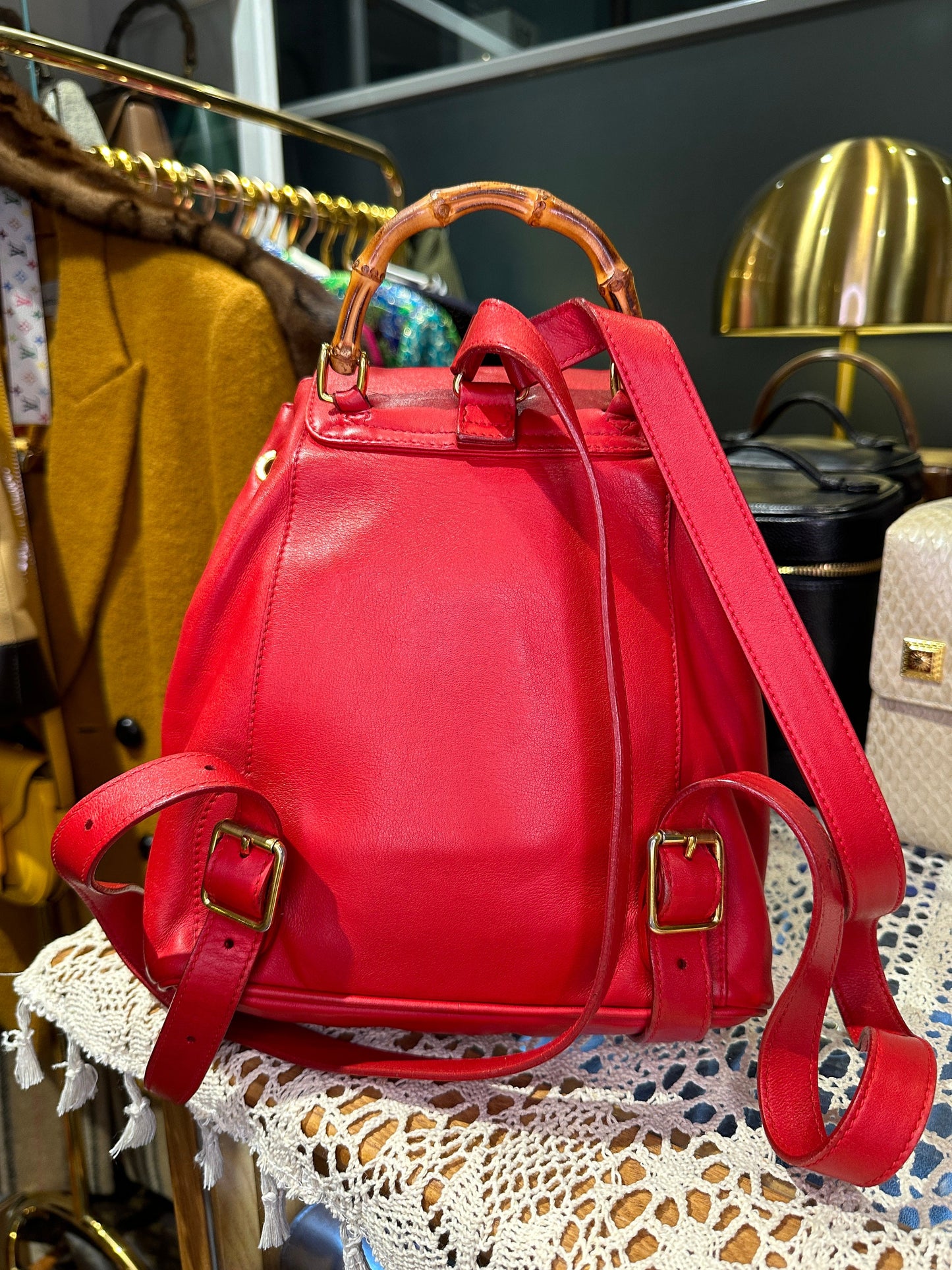 GUCCI VINTAGE 100% Authentic Genuine Leather Iconic Bamboo Handle Backpack, Medium Size, Red, 2000's, Good Condition
