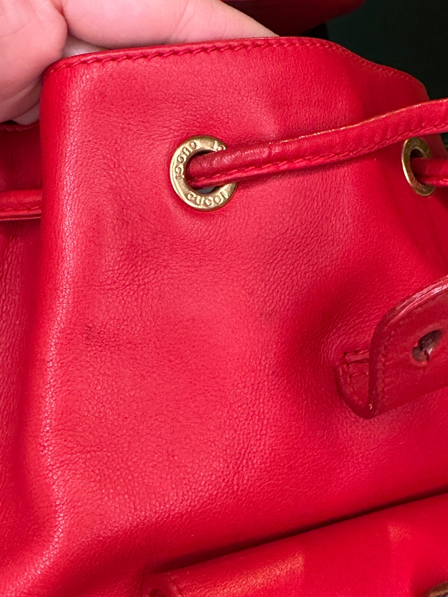 GUCCI VINTAGE 100% Authentic Genuine Leather Iconic Bamboo Handle Backpack, Medium Size, Red, 2000's, Good Condition