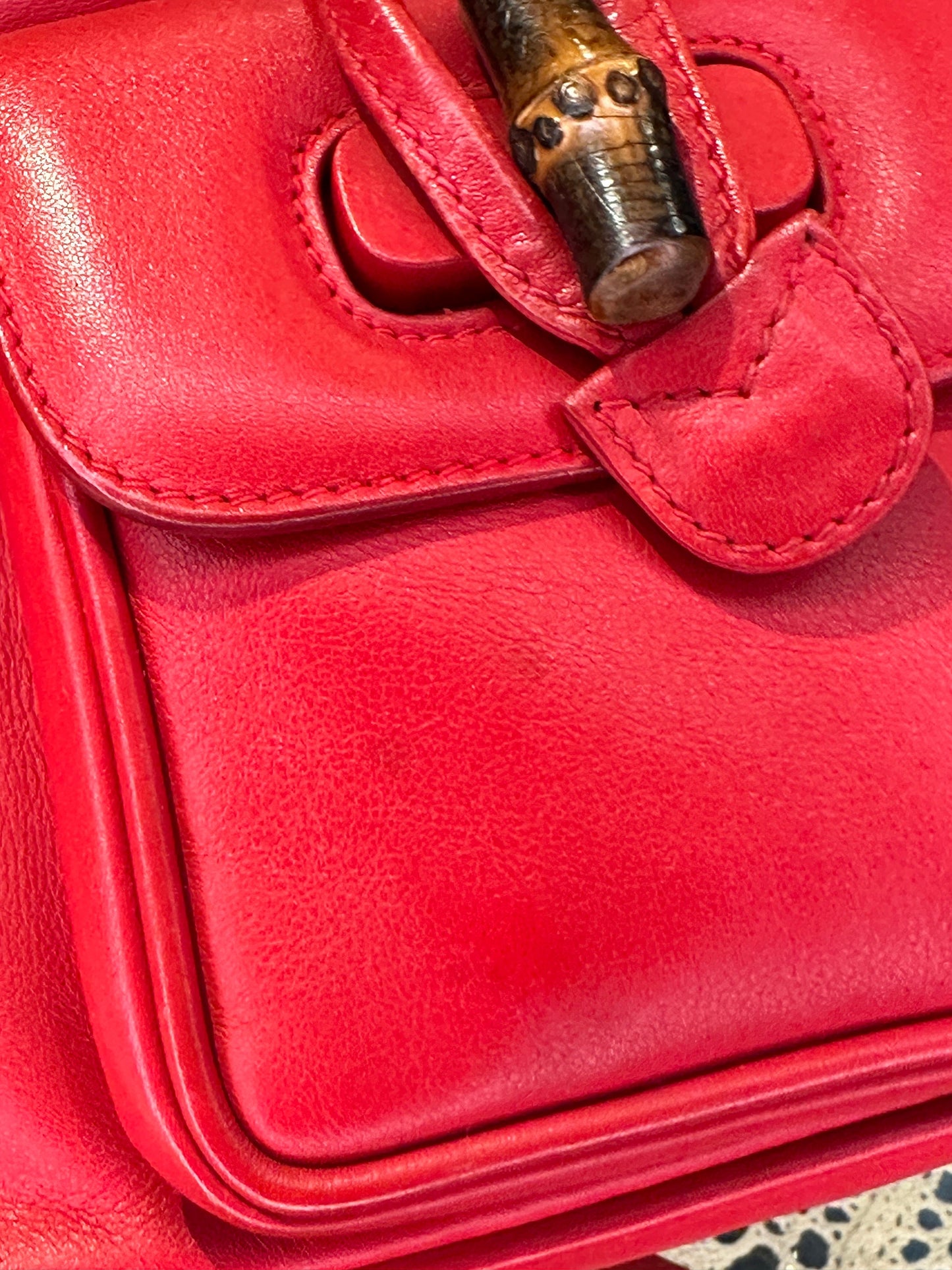 GUCCI VINTAGE 100% Authentic Genuine Leather Iconic Bamboo Handle Backpack, Medium Size, Red, 2000's, Good Condition