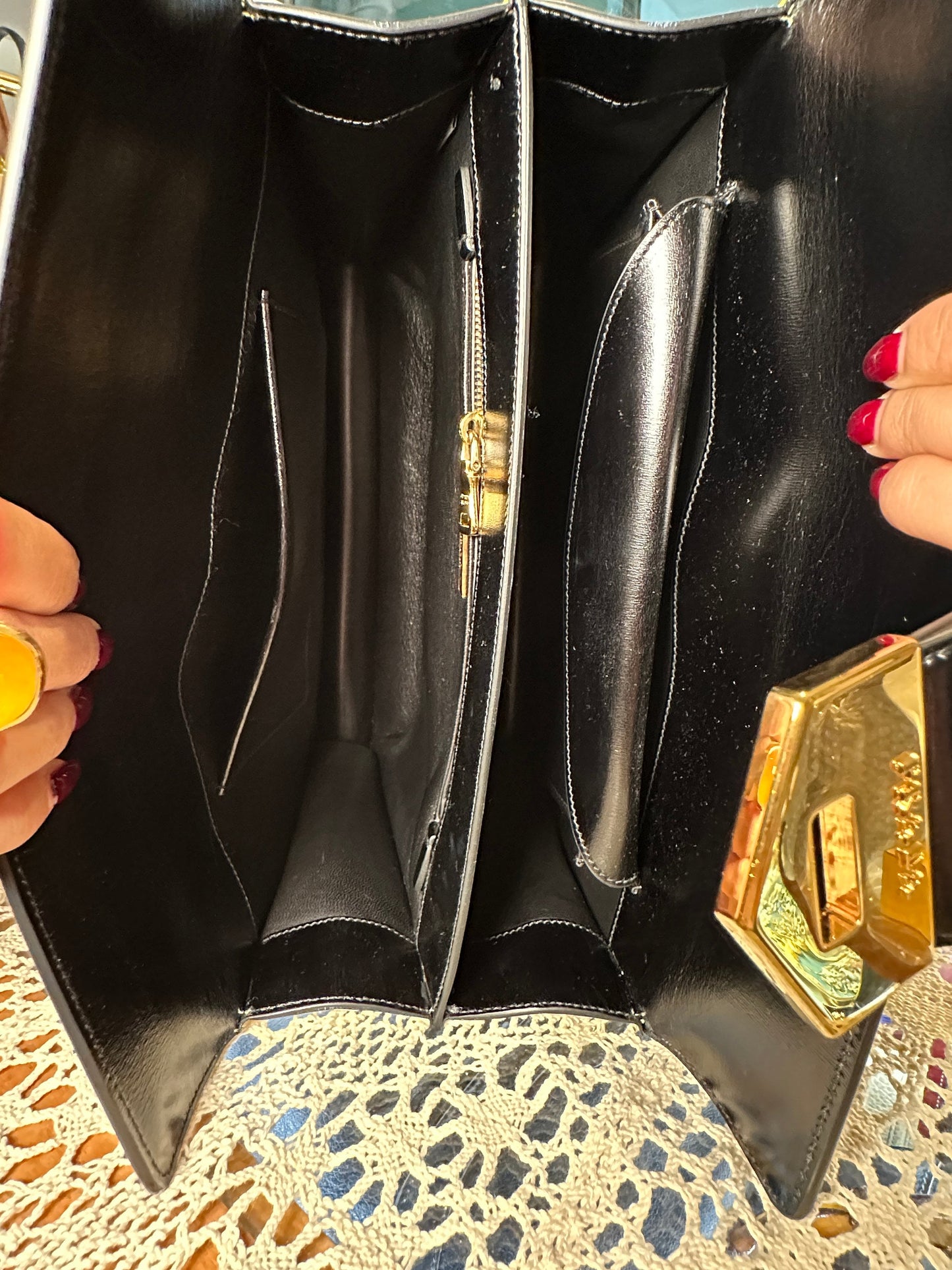 PRADA VINTAGE 100% Authentic Genuine, Top Handle Turn Lock Handbag w/ Original Dust Bag, Black + Yellow, 1990's, Great Condition
