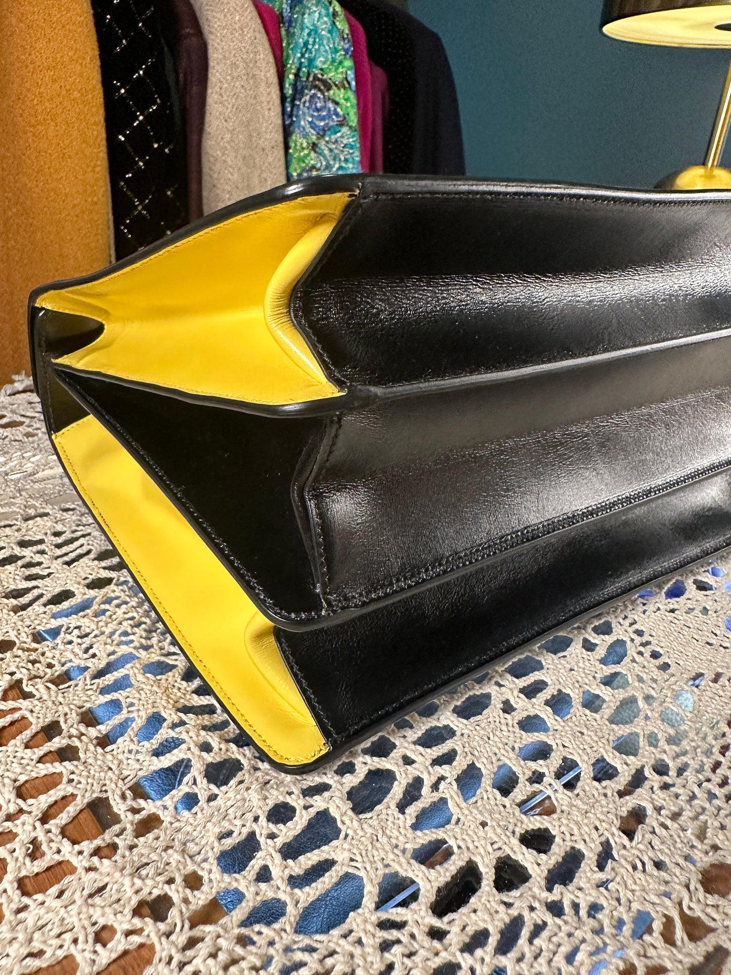 PRADA VINTAGE 100% Authentic Genuine, Top Handle Turn Lock Handbag w/ Original Dust Bag, Black + Yellow, 1990's, Great Condition