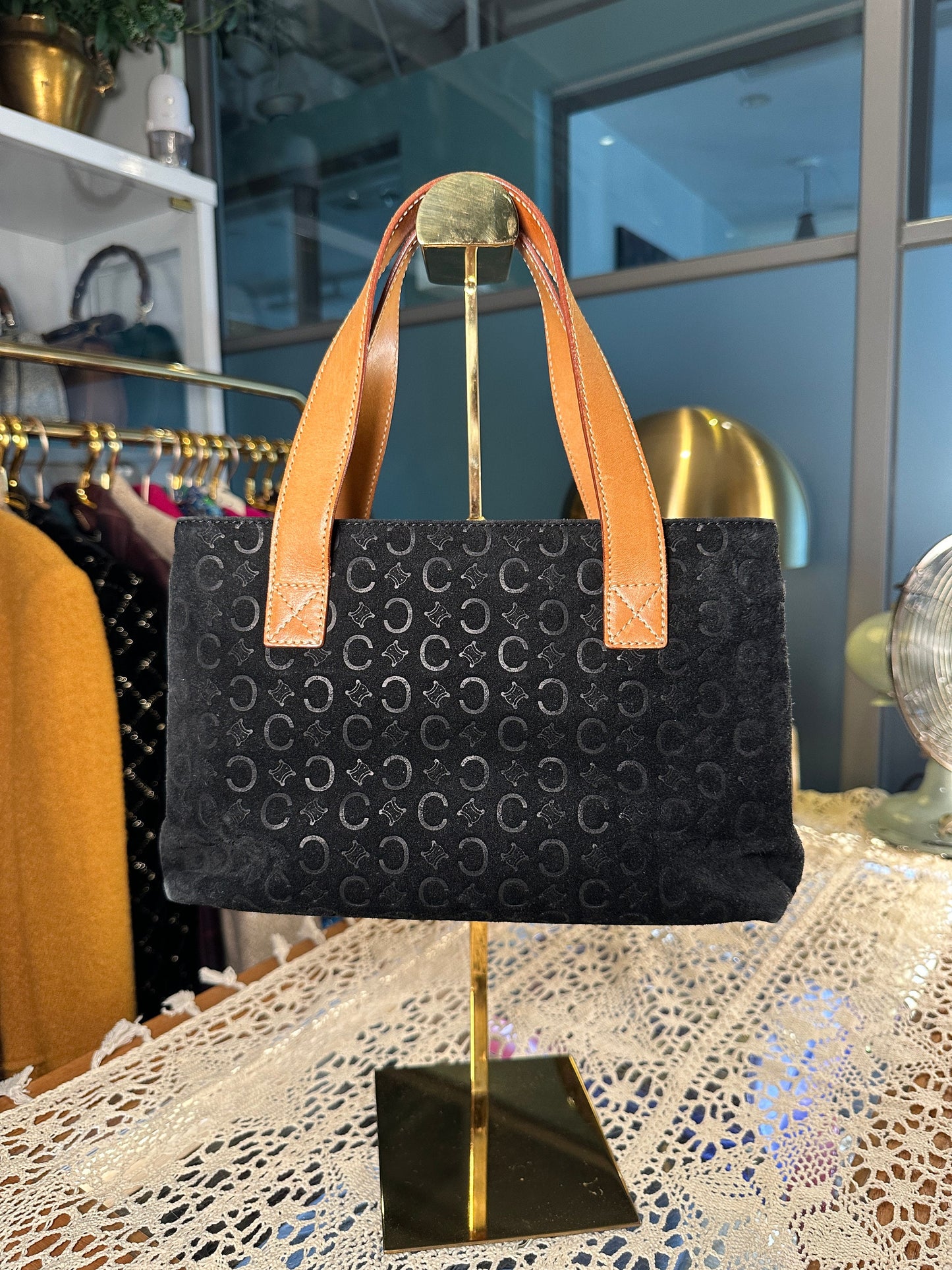 CELINE VINTAGE 100% Authentic Genuine, Double Handle Monogram Handbag, Black Suede, 1990's, Great Condition