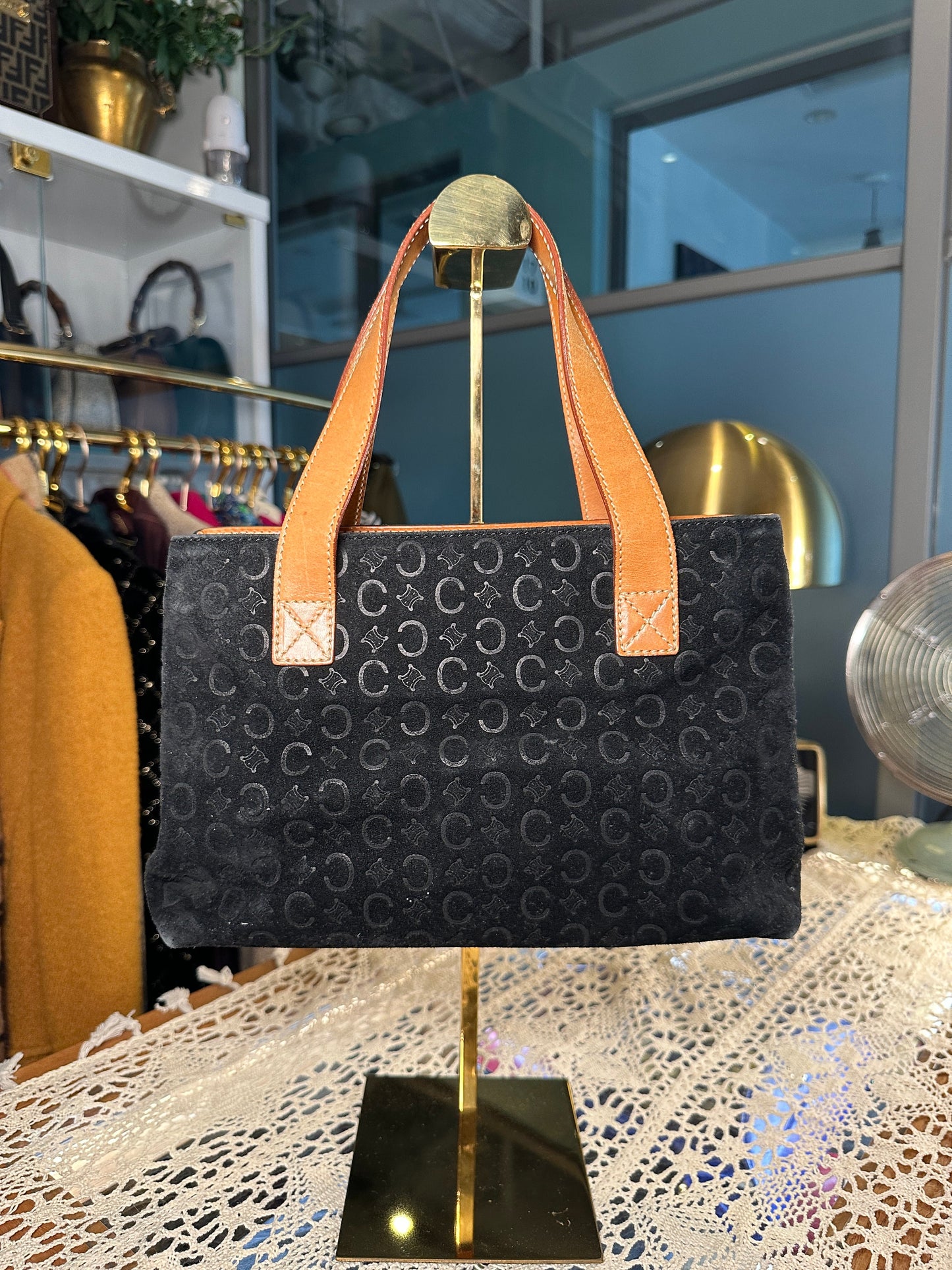 CELINE VINTAGE 100% Authentic Genuine, Double Handle Monogram Handbag, Black Suede, 1990's, Great Condition