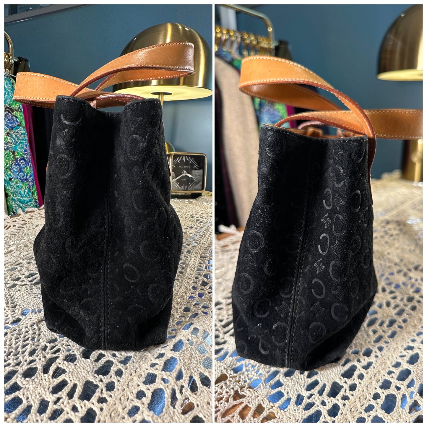 CELINE VINTAGE 100% Authentic Genuine, Double Handle Monogram Handbag, Black Suede, 1990's, Great Condition