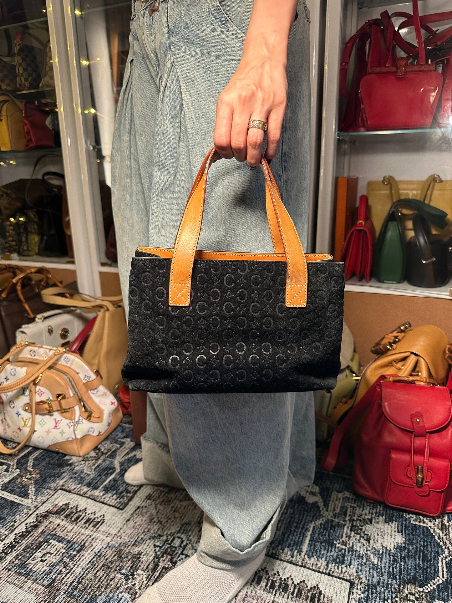 CELINE VINTAGE 100% Authentic Genuine, Double Handle Monogram Handbag, Black Suede, 1990's, Great Condition