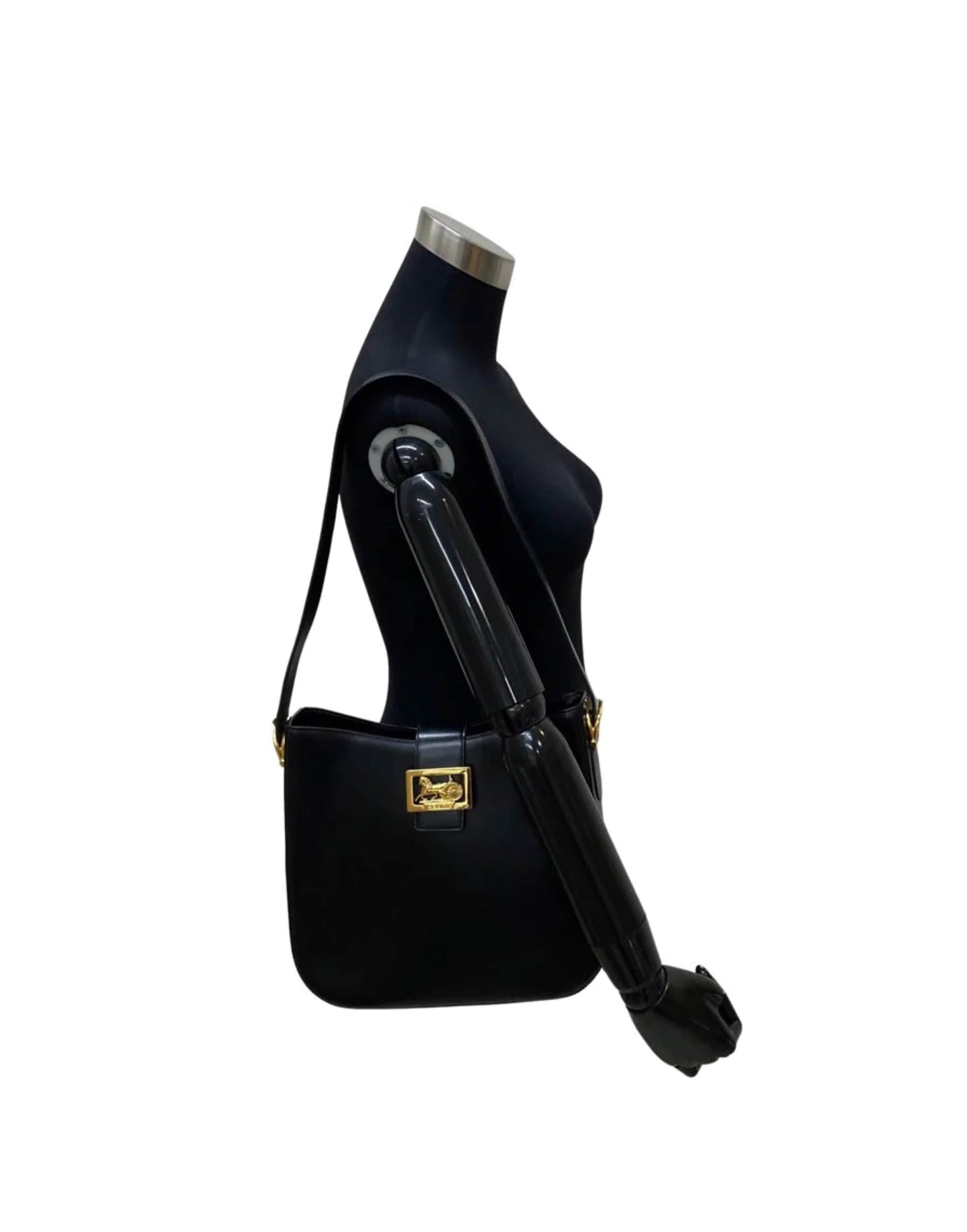 CELINE VINTAGE 100% Authentic Genuine, Carriage Buckle Shoulder Handbag, Black with Contrast Red Inner Lining, Late 1980's, Great Condition