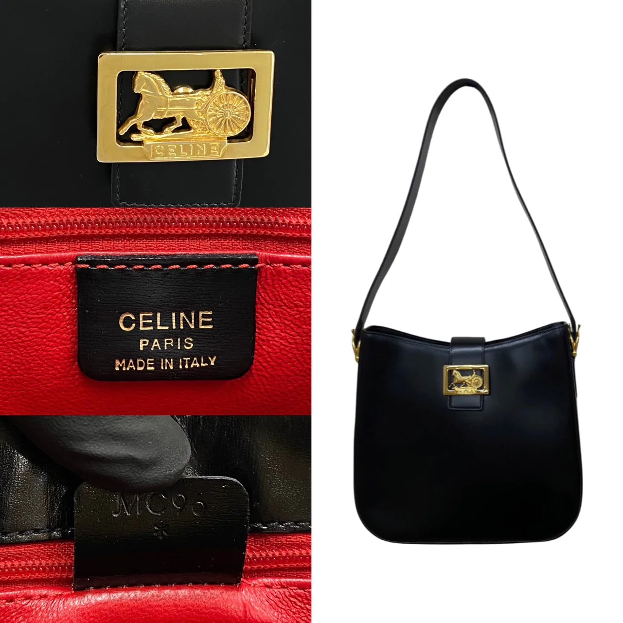 CELINE VINTAGE 100% Authentic Genuine, Carriage Buckle Shoulder Handbag, Black with Contrast Red Inner Lining, Late 1980's, Great Condition