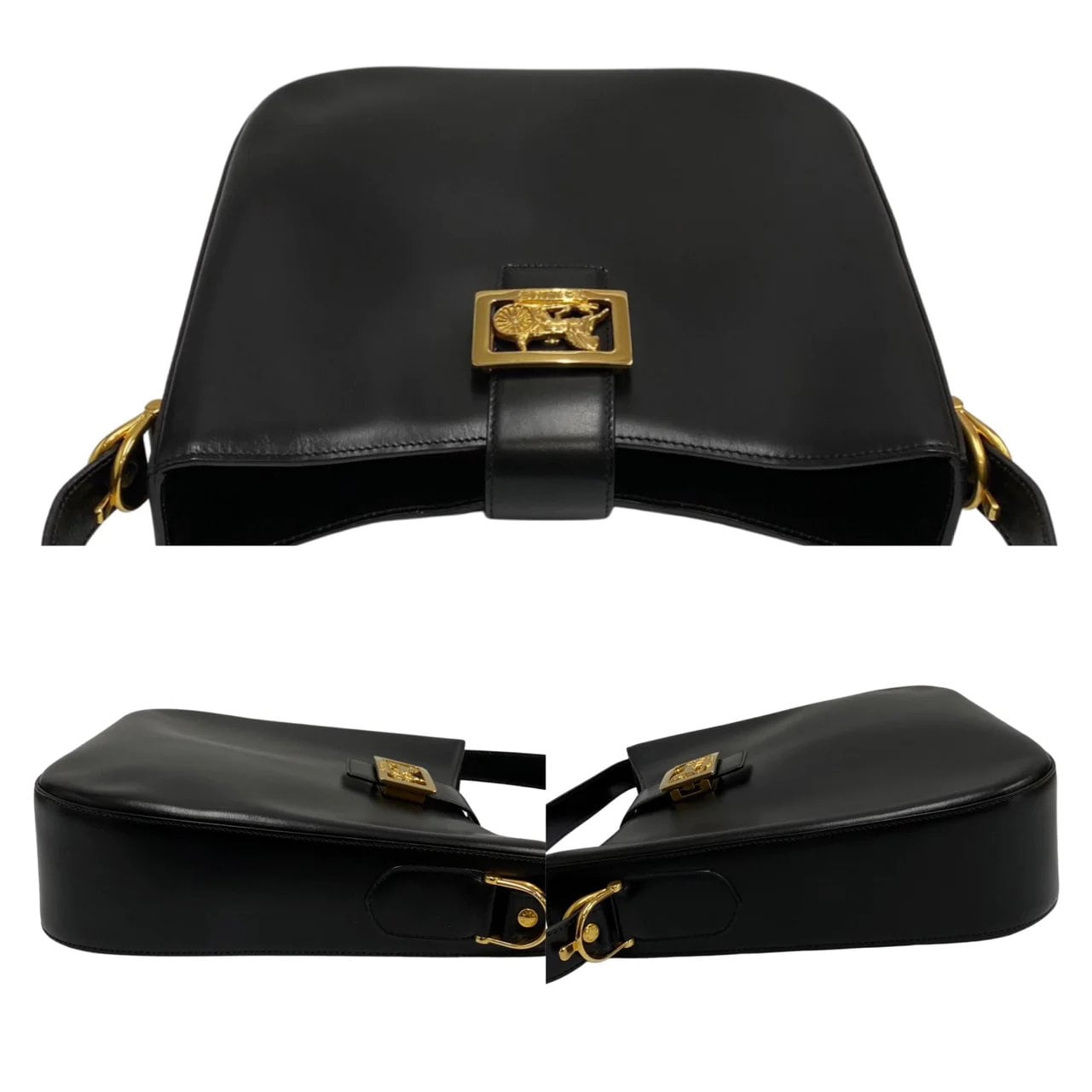 CELINE VINTAGE 100% Authentic Genuine, Carriage Buckle Shoulder Handbag, Black with Contrast Red Inner Lining, Late 1980's, Great Condition