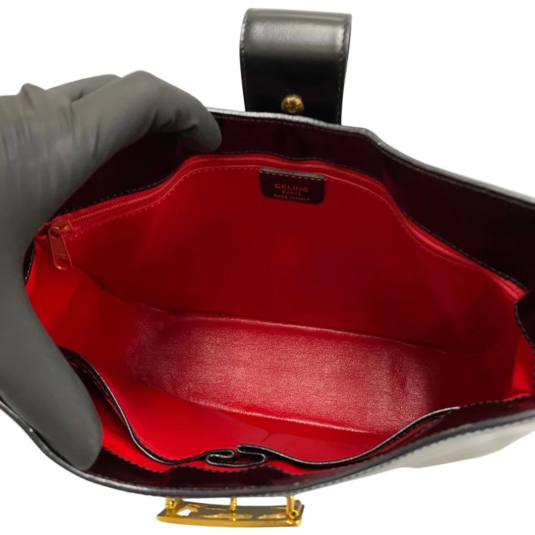 CELINE VINTAGE 100% Authentic Genuine, Carriage Buckle Shoulder Handbag, Black with Contrast Red Inner Lining, Late 1980's, Great Condition